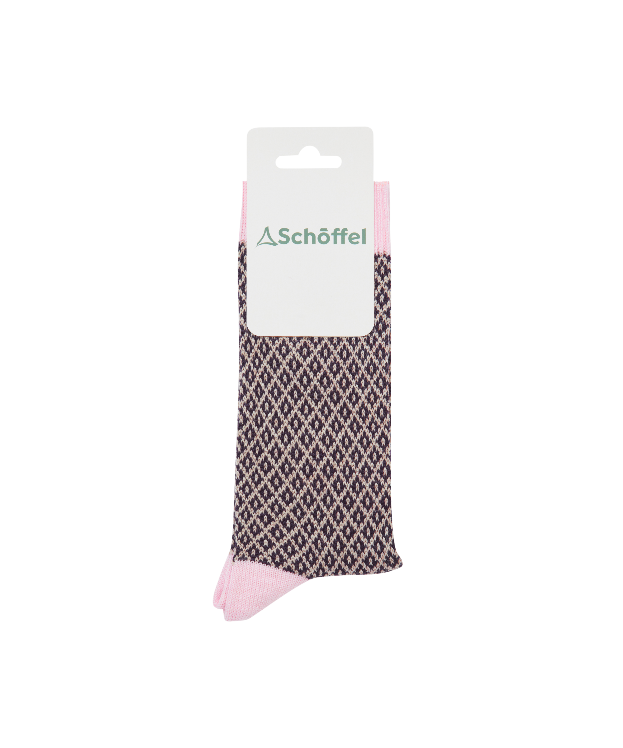 Patterned sock with pink heel and toe on a white background, featuring the Schöffel brand.