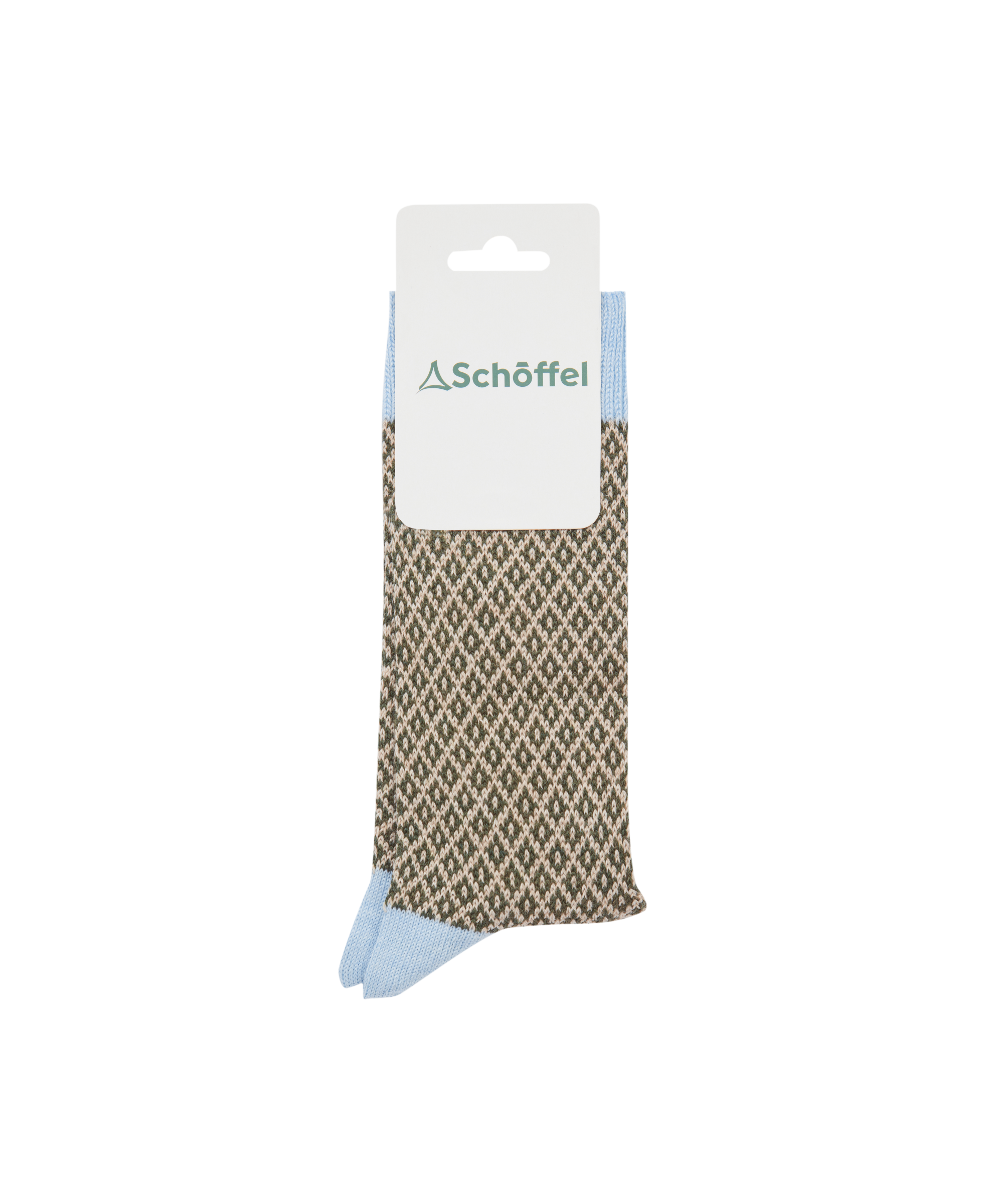 Packaged sock with geometric pattern on a white background