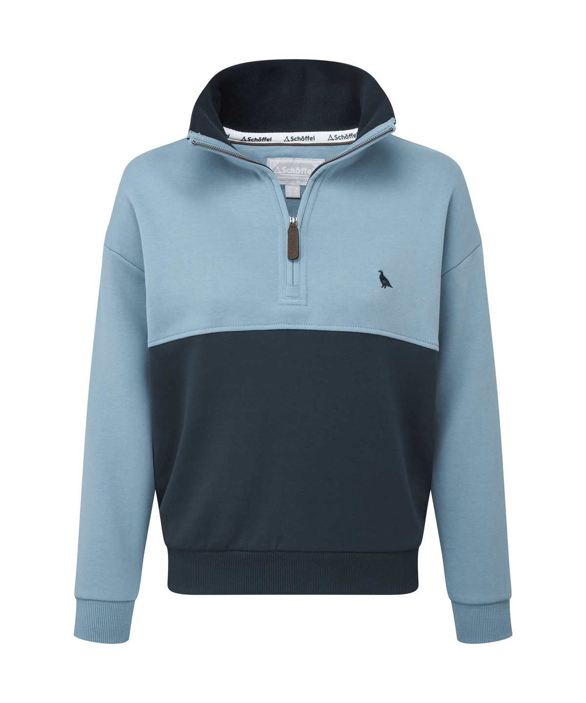 Light blue and dark gray color-blocked Braunton quarter zip fleece pullover with black bird logo