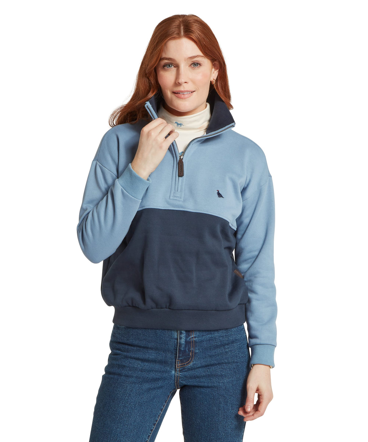Braunton quarter zip sweatshirt light blue and navy fleece jacket with embroidered bird logo