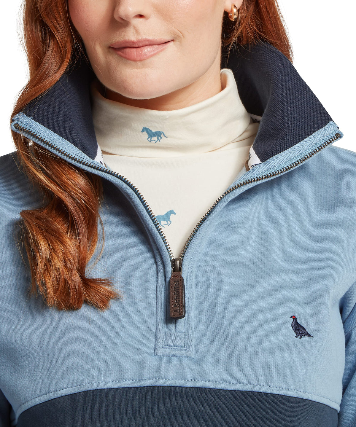 Braunton quarter zip fleece sweatshirt in blueberry and lake blue with embroidered horse and bird