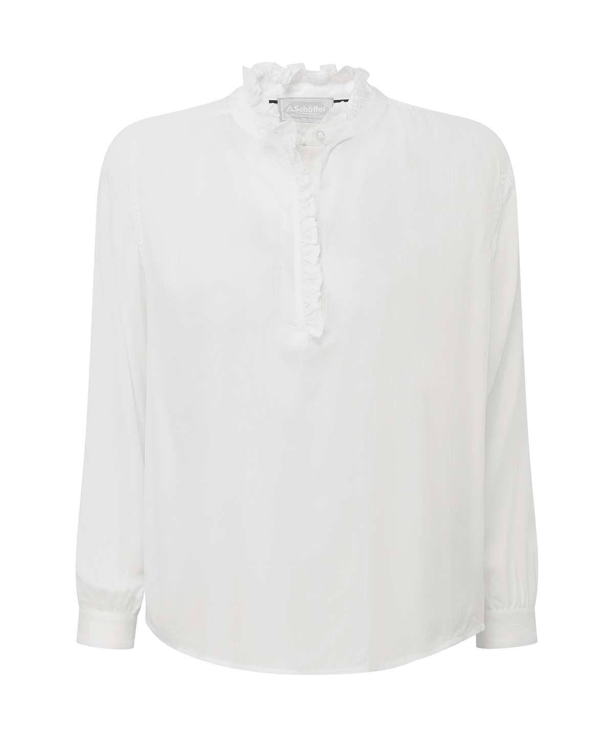 White long-sleeved chelsworth blouse with ruffled collar and front placket in soft white fabric