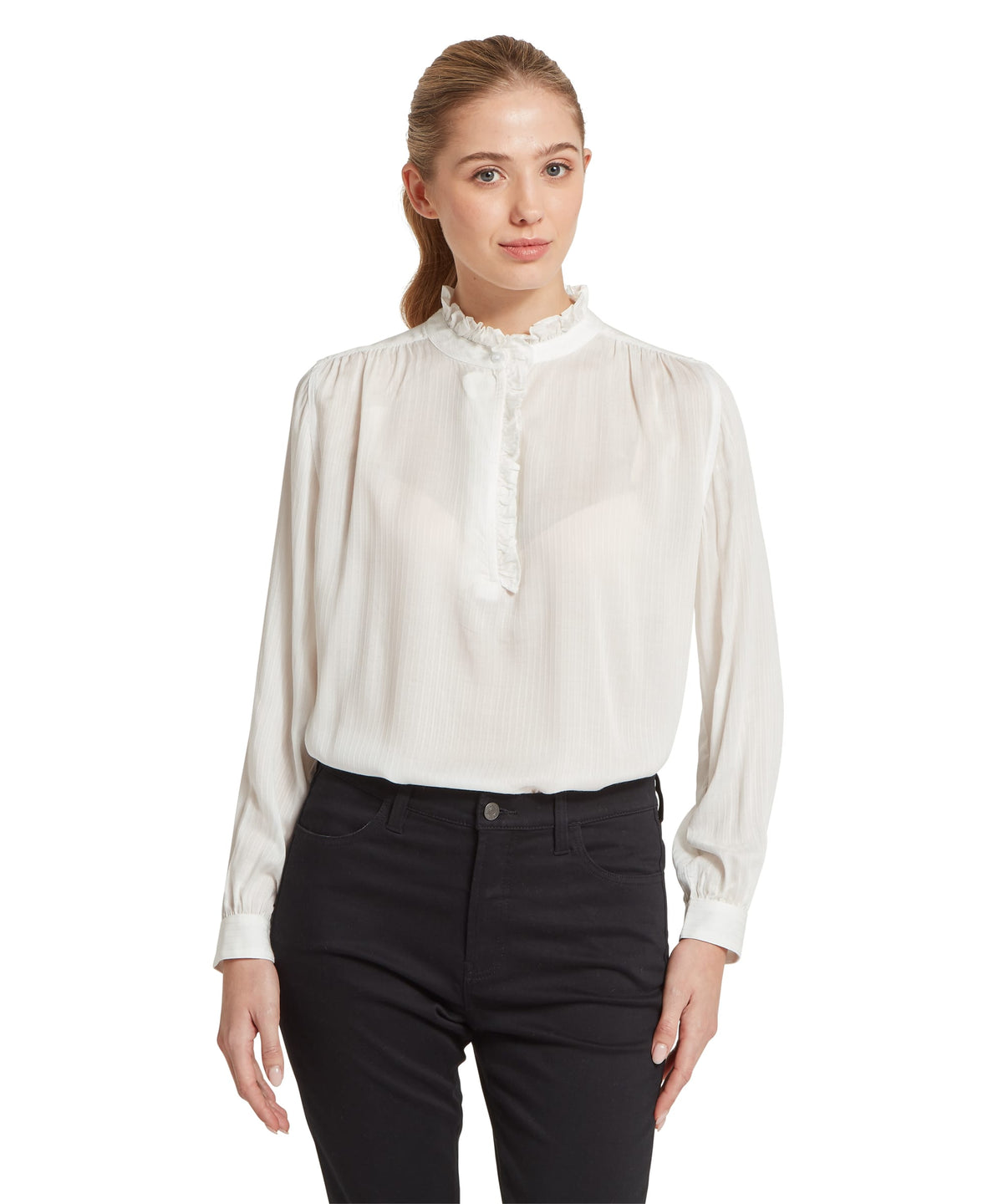 Chelsworth blouse soft white delicate ivory long sleeve ruffled collar lightweight semi sheer fabric
