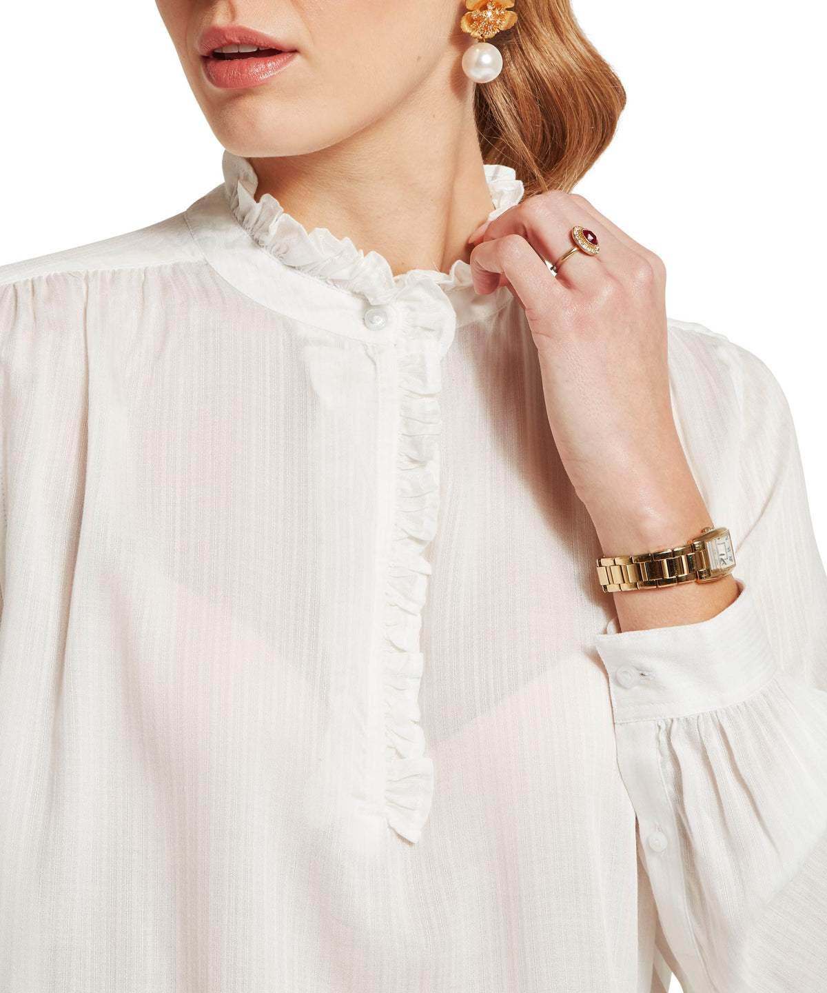 White chelsworth blouse with ruffled collar and delicate pleats in soft white fabric for elegant