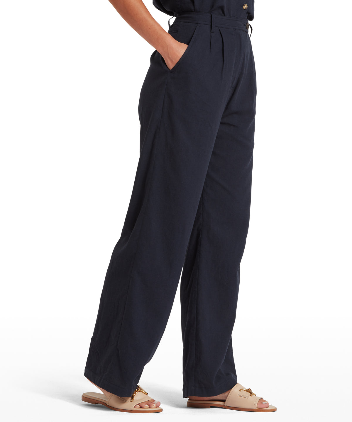 Schöffel's Dahlia Linen Trousers in Navy, on model, button closure ideal for stylish casual wear