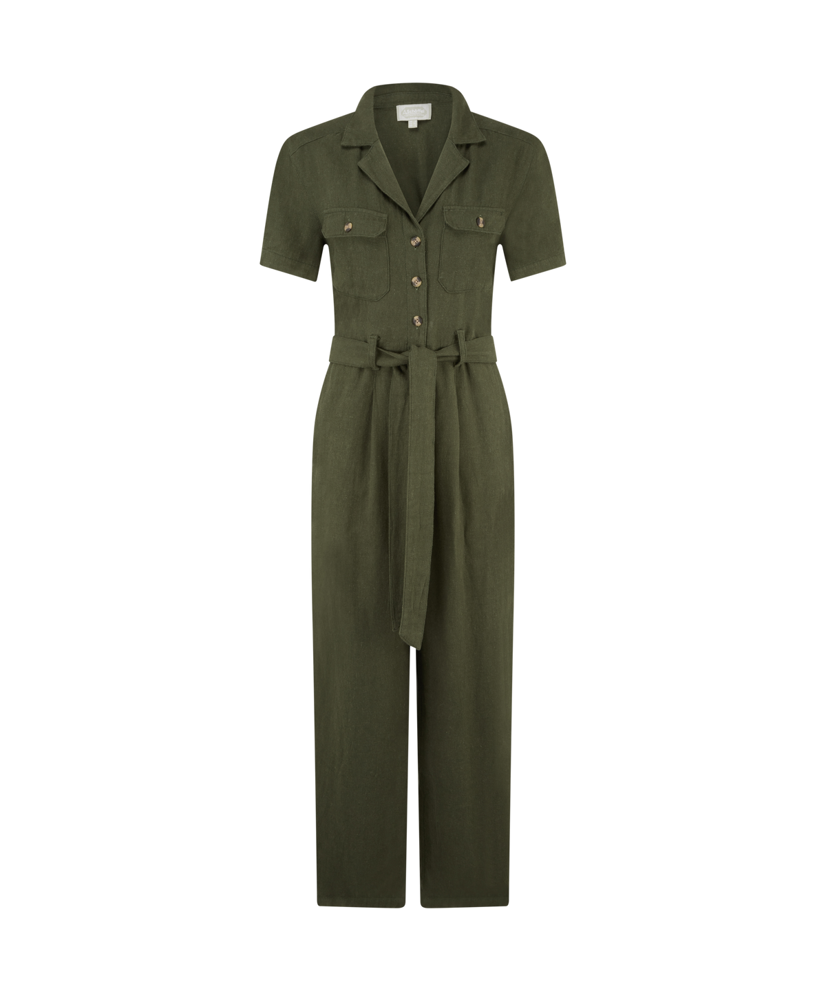 Olive green linen short-sleeved jumpsuit with collared neckline front button closure and self-tie