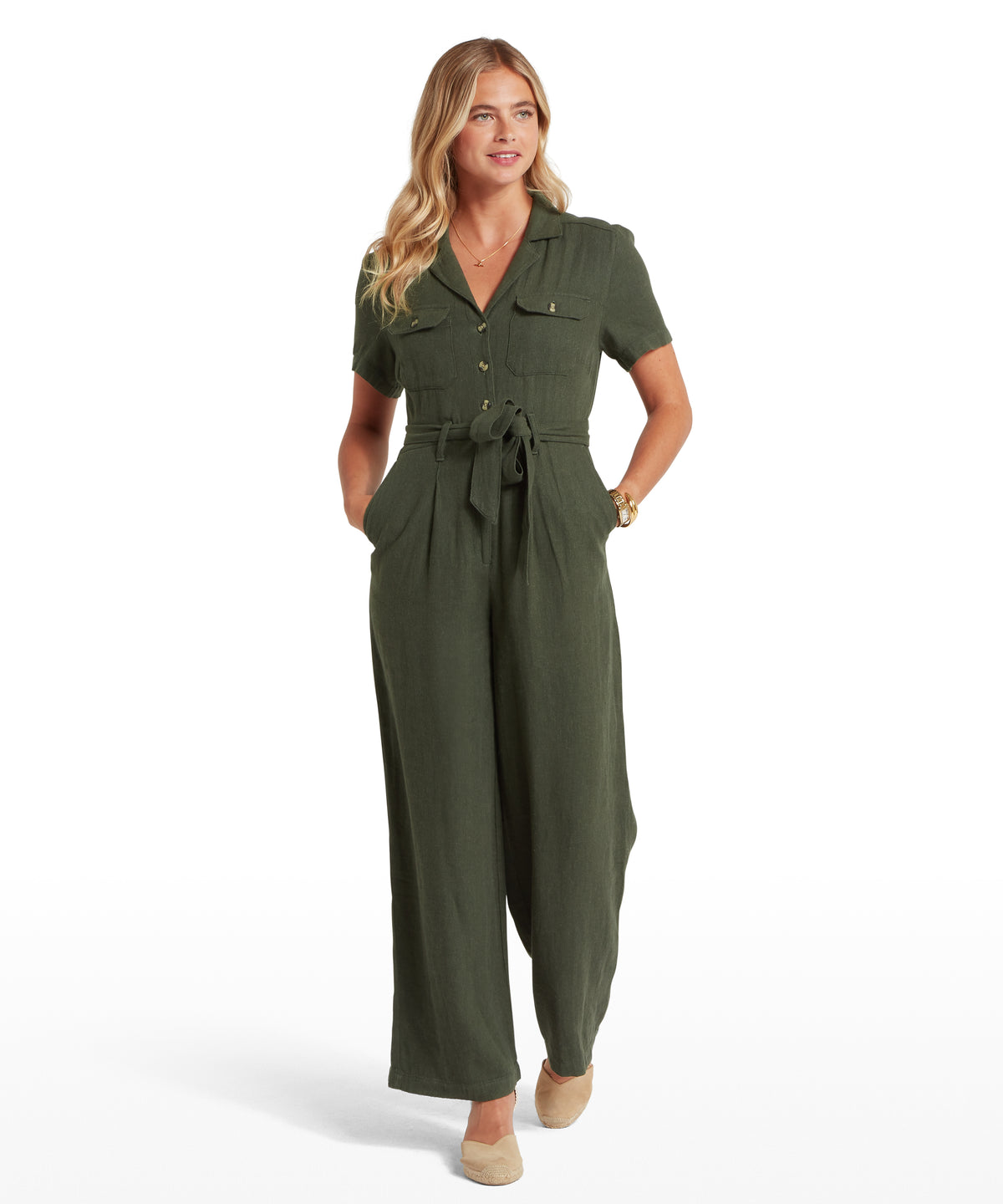 Olive green linen short-sleeved jumpsuit with button front and tie waist daisy linen jumpsuit