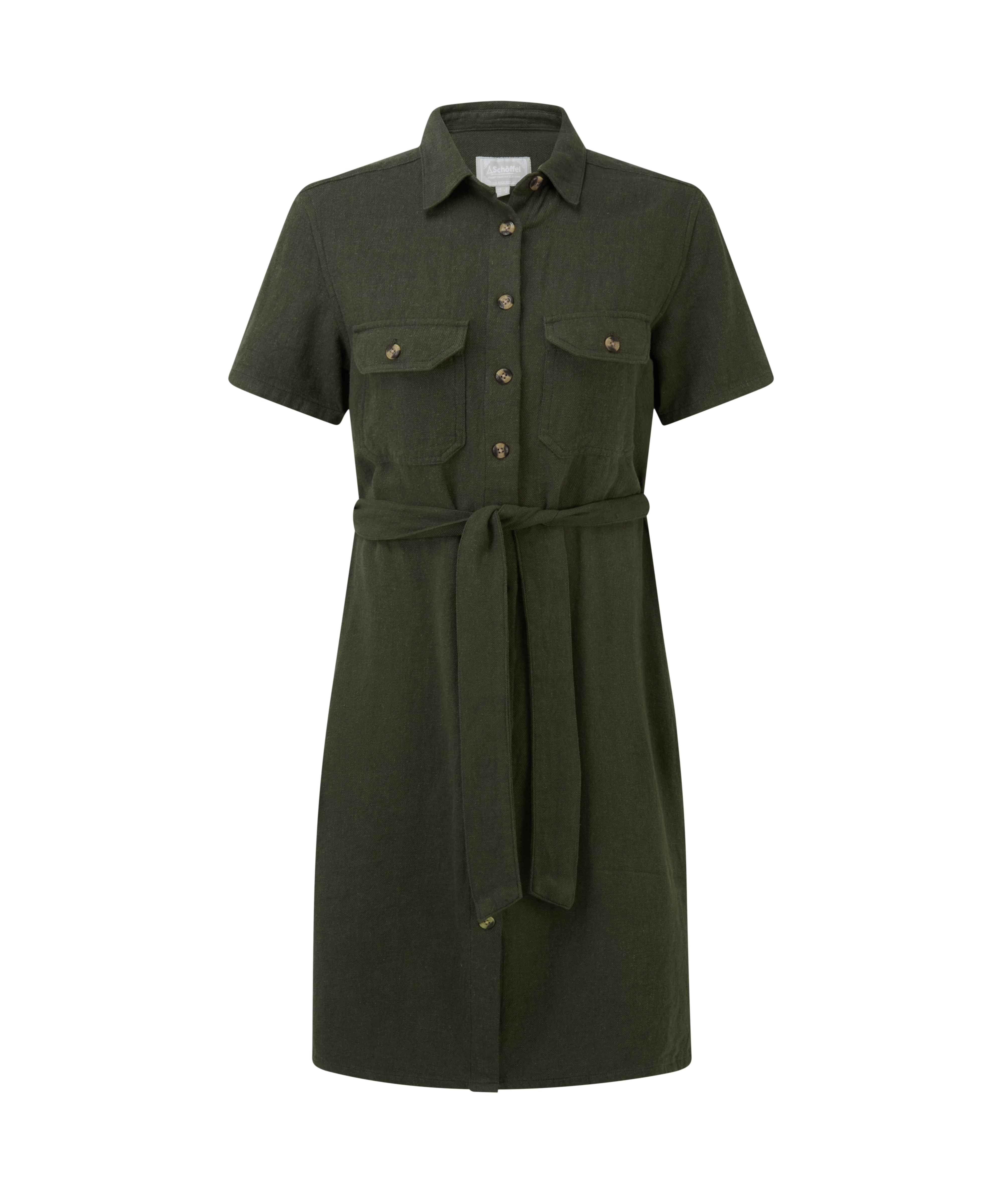 Green dress with a belt on a white background