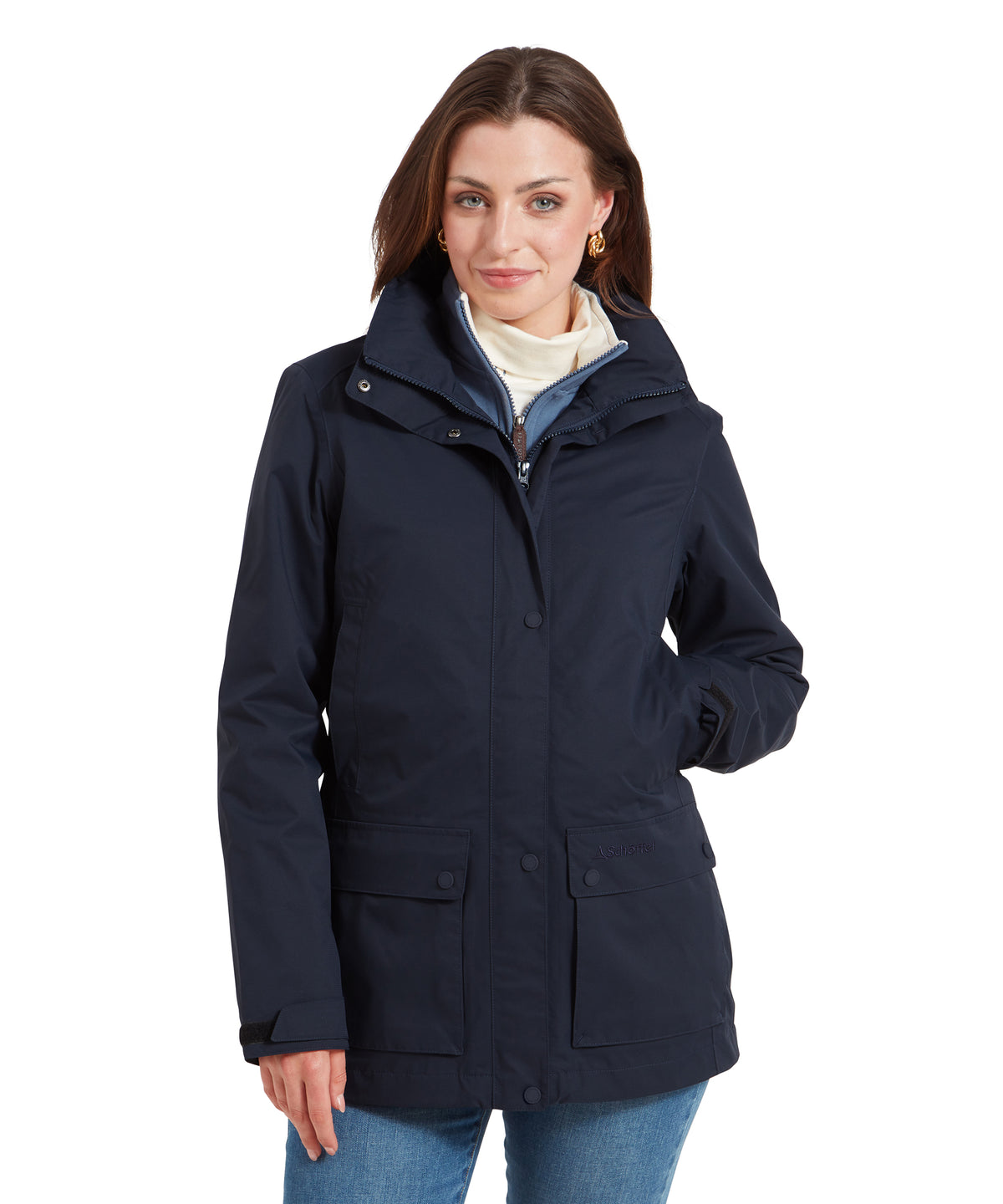 Navy blue waterproof women’s Edith jacket parka with two front pockets and detachable hood