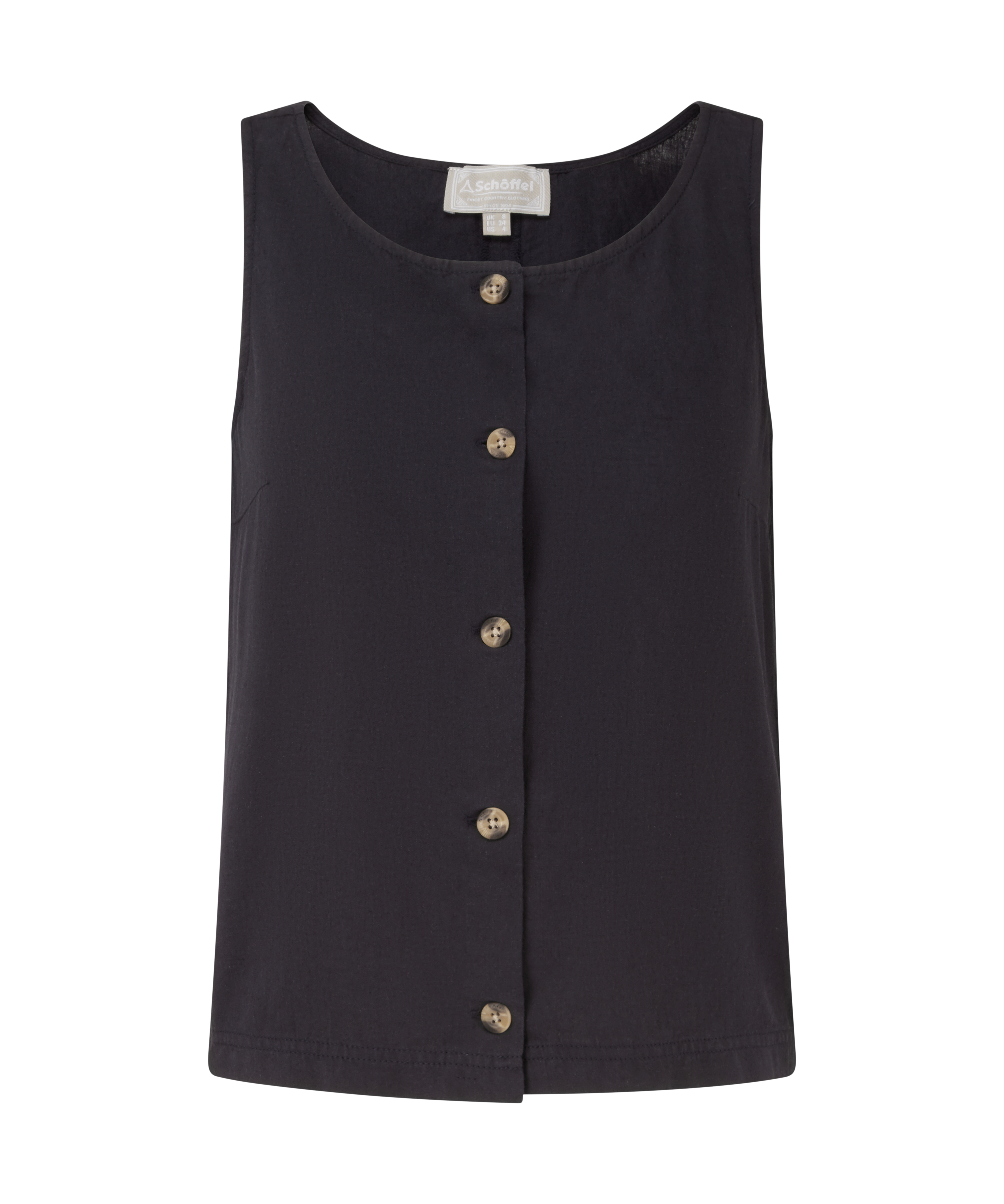 Navy sleeveless top with buttons on a white background