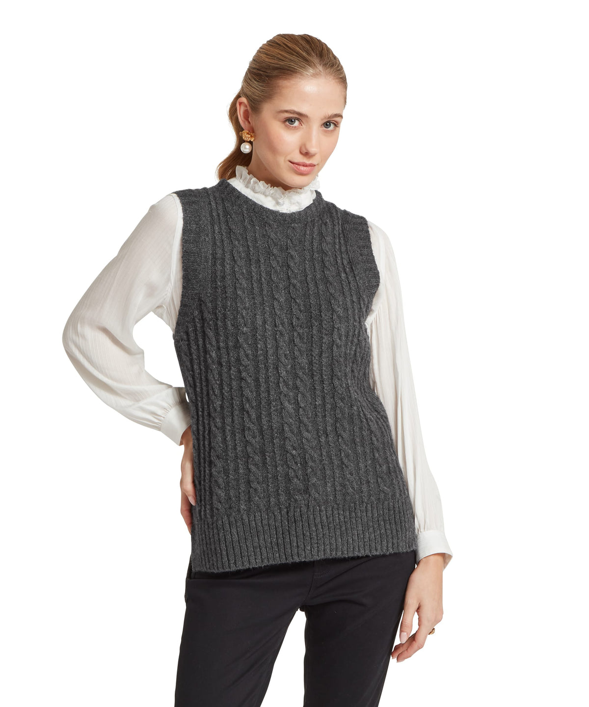 Dark gray cable-knit wool vest with high neckline and ribbed hem evie sleeveless jumper charcoal