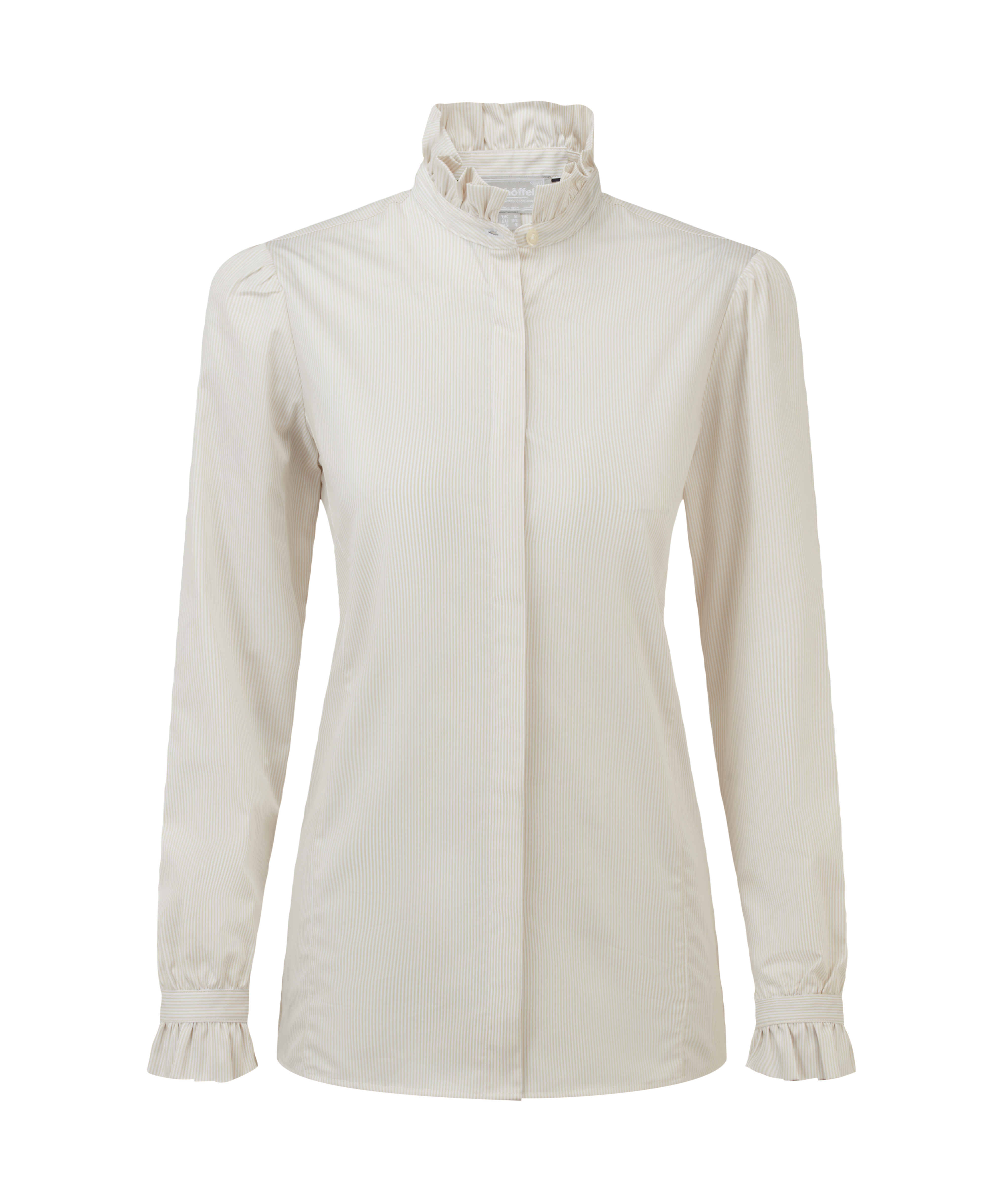 Cream blouse with ruffled collar on a white background