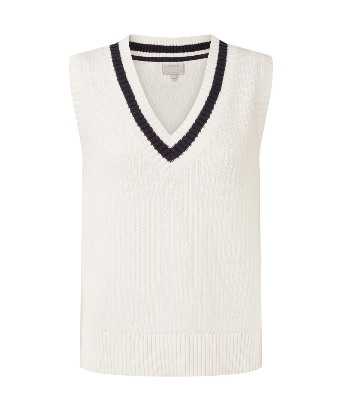 Cream-colored ribbed knit Hambledon vest with black v-neck trim in soft white and navy colors