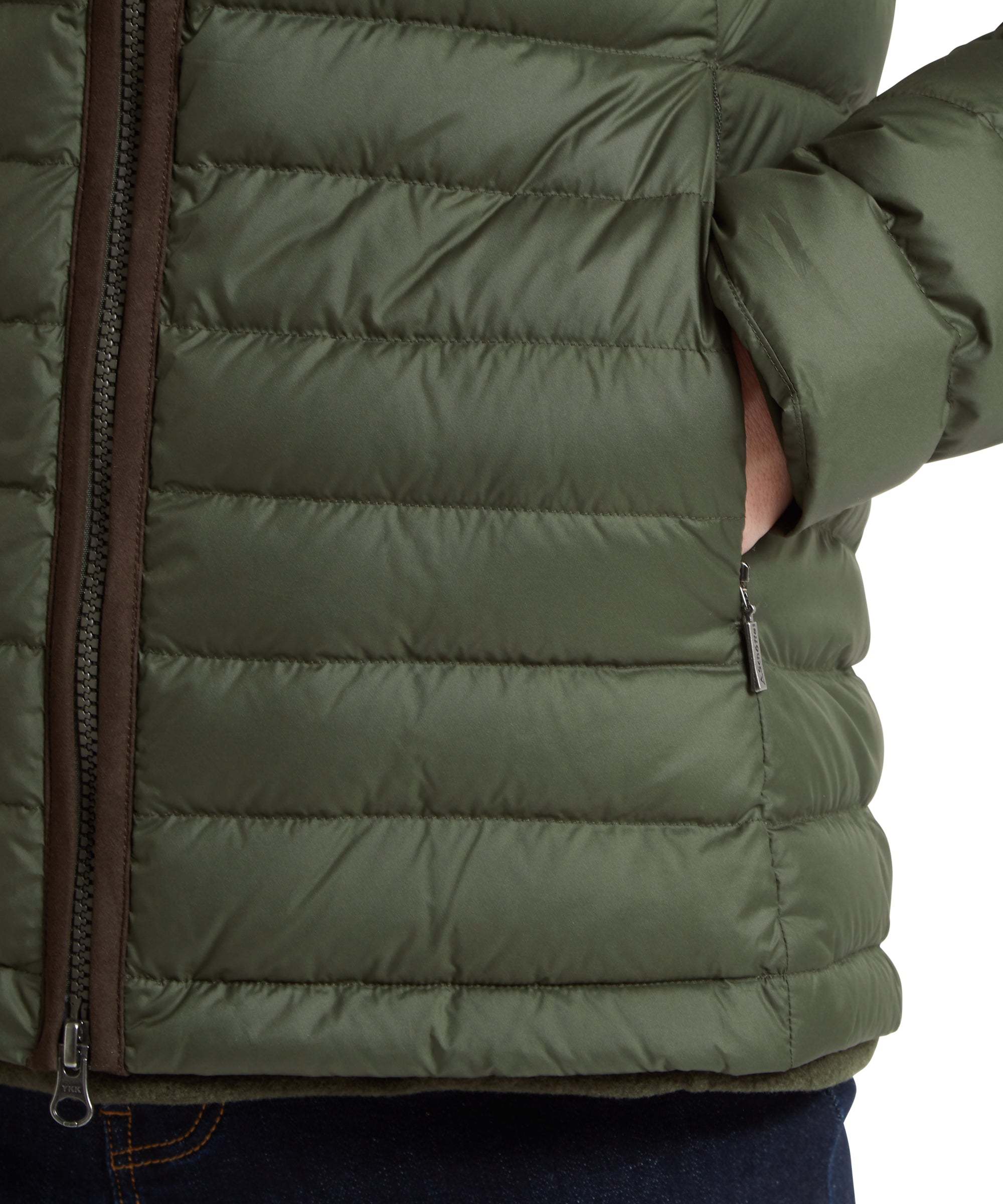 Olive green quilted hambleton down jacket woodland with brown zipper trim and zippered hand pocket