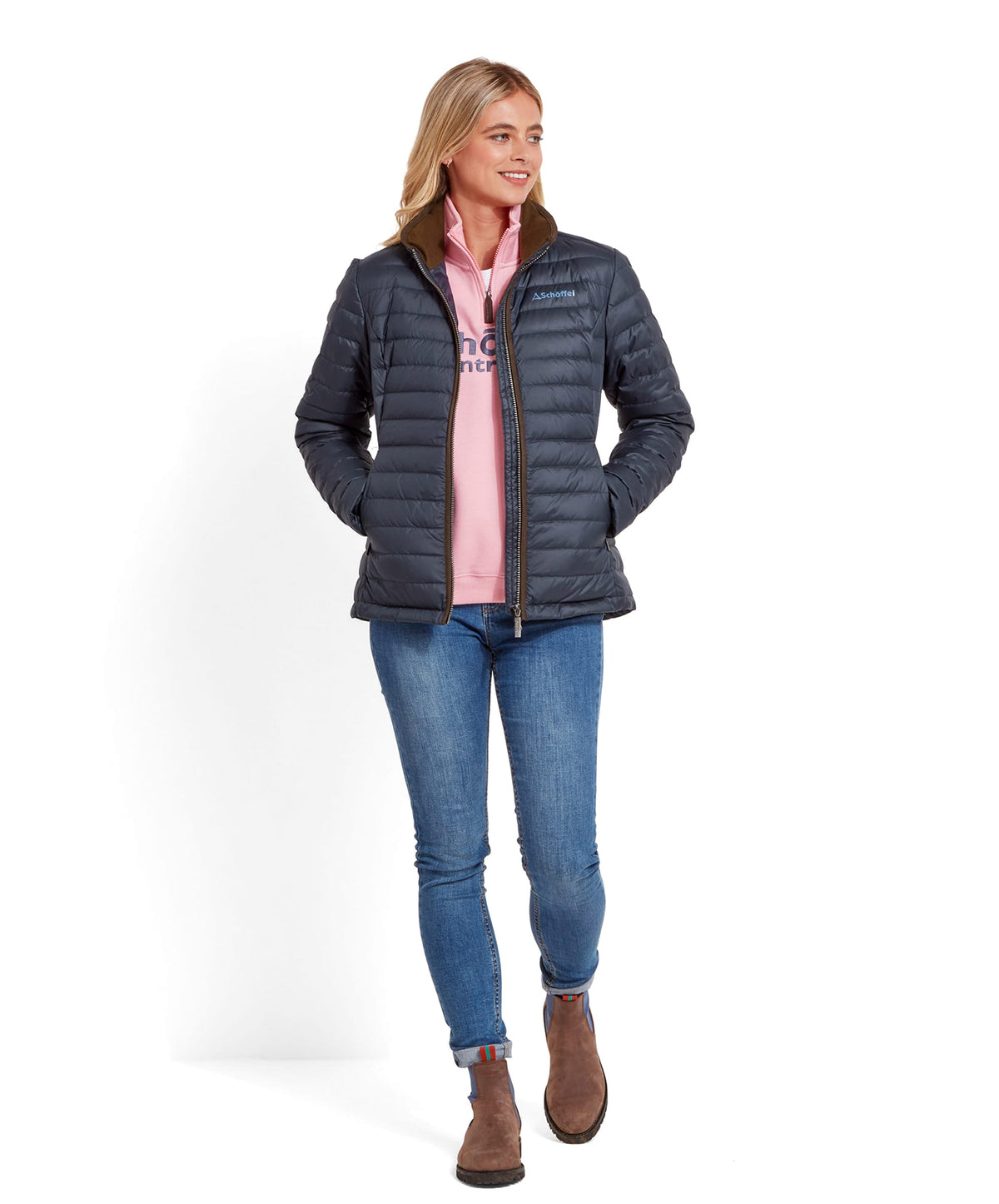 Navy blue quilted puffer jacket with brown fleece collar hambleton down jacket petrol blue for cold