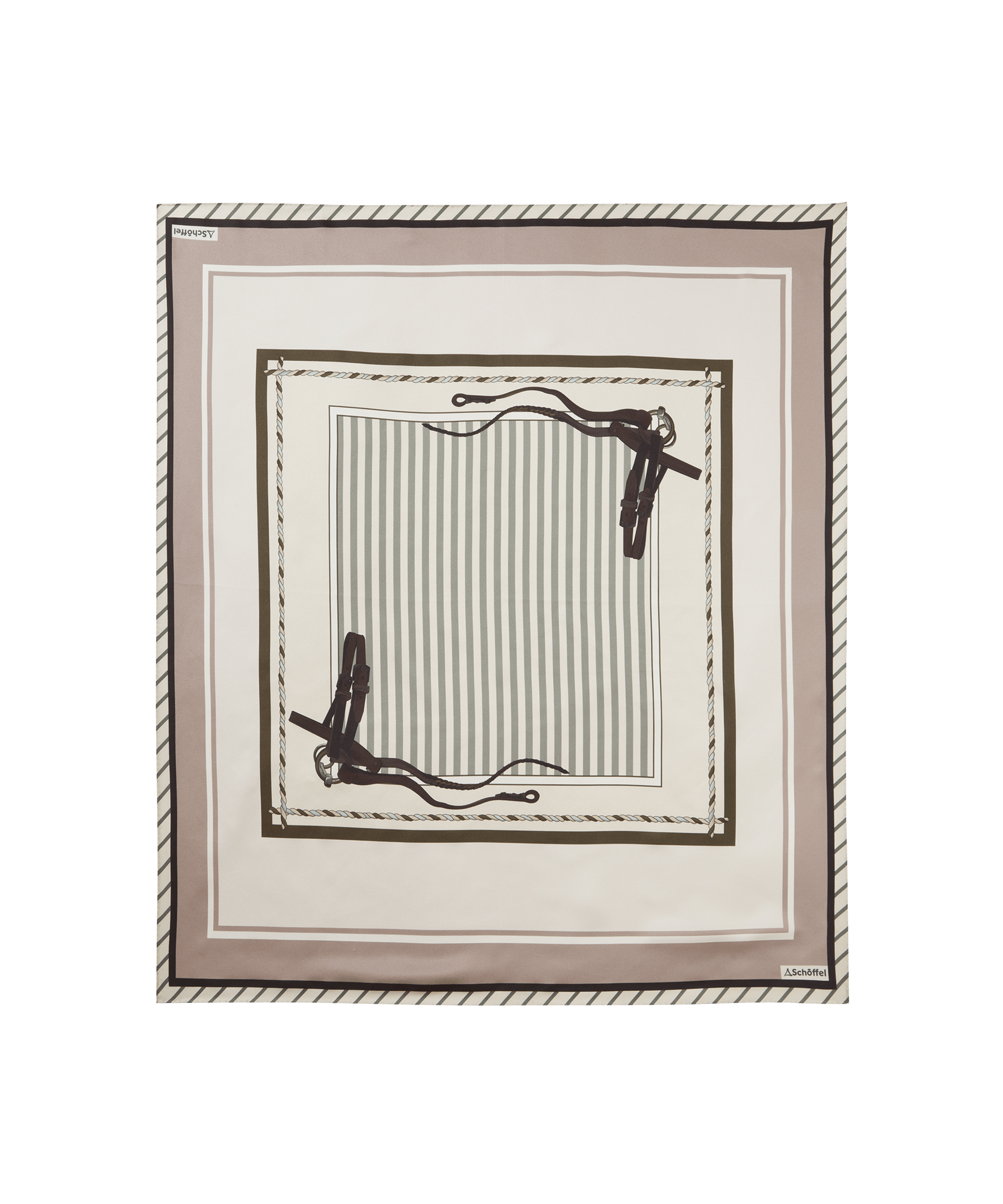 Schöffel Women's Hathersage Silk Scarf in Stripe — luxurious silk square scarf featuring an equestrian bridle and rope motif in taupe, olive and cream, an elegant finishing touch for any country outfit