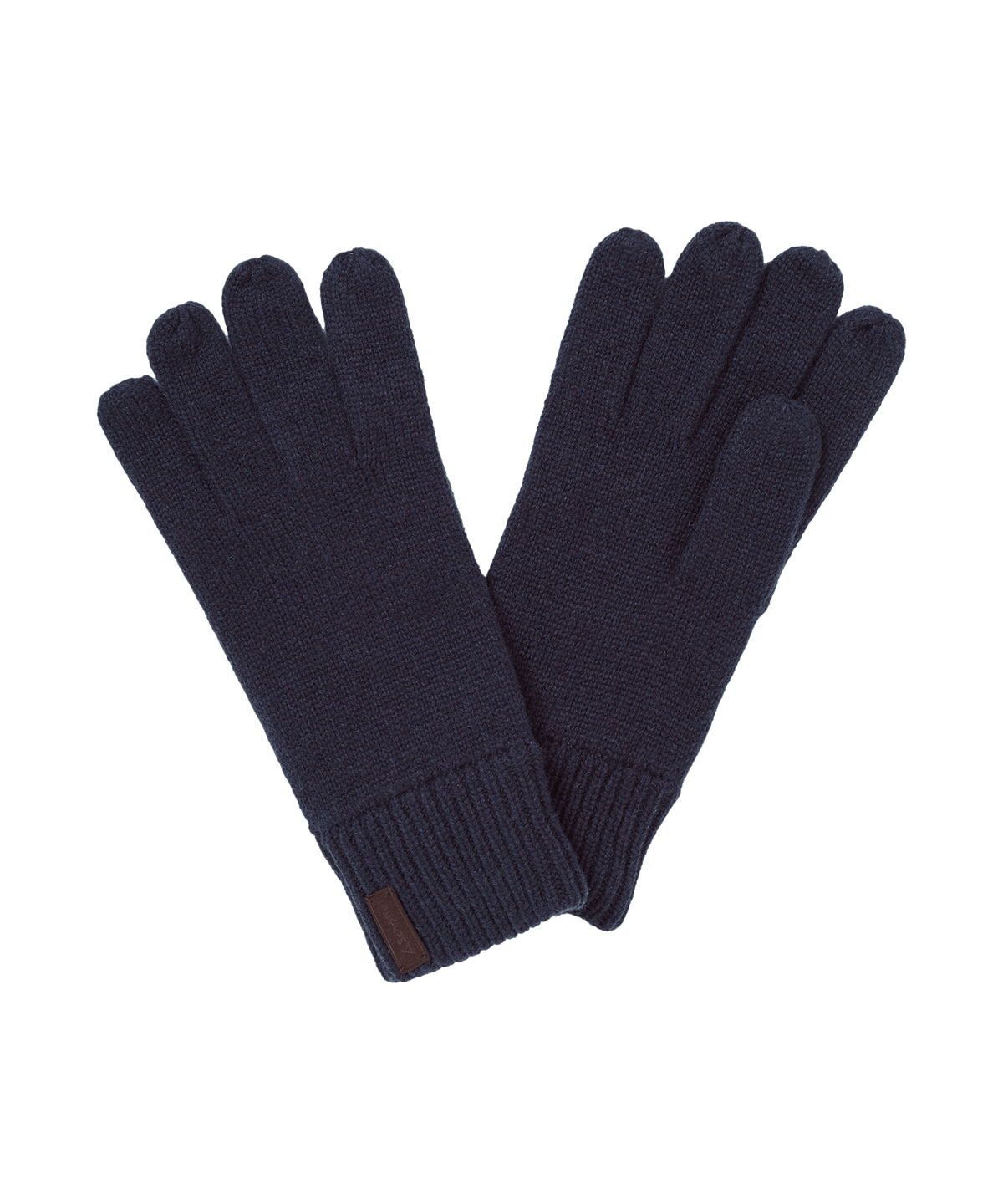 Navy blue knitted wool hayfield gloves with ribbed cuffs and a small brown leather tag shown from