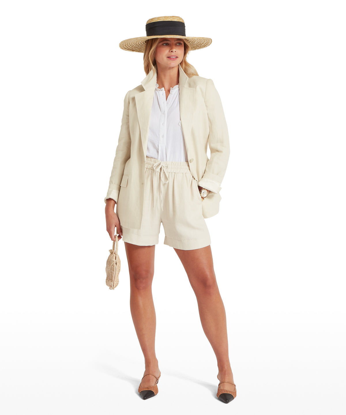 Beige henley linen blazer with relaxed fit and subtle texture made from breathable oat linen fabric