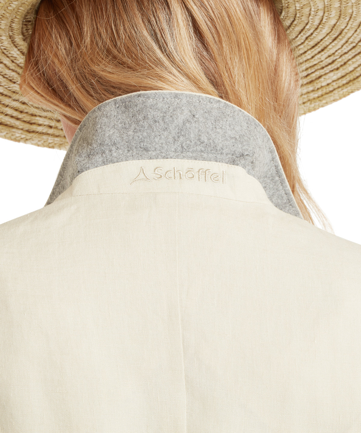 Henley linen blazer oat cream-colored schoffel jacket with gray felt collar made from lightweight