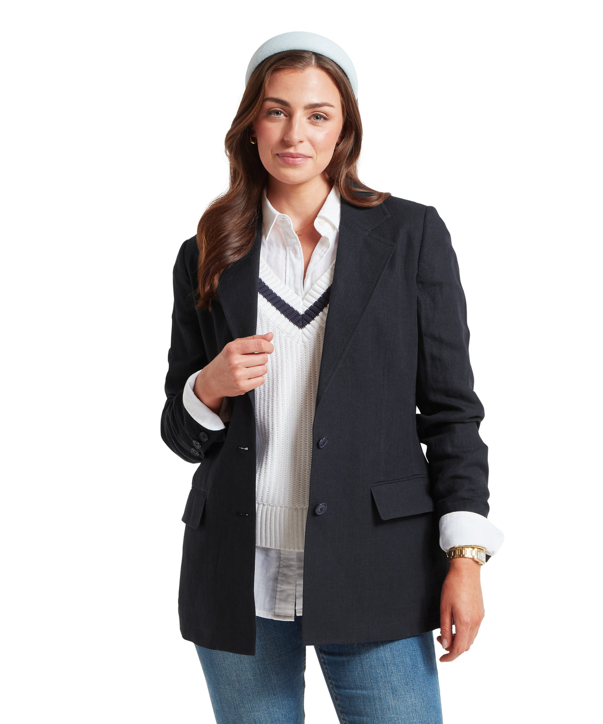 Henley linen blazer navy with classic double-breasted design dark buttons and structured shoulders