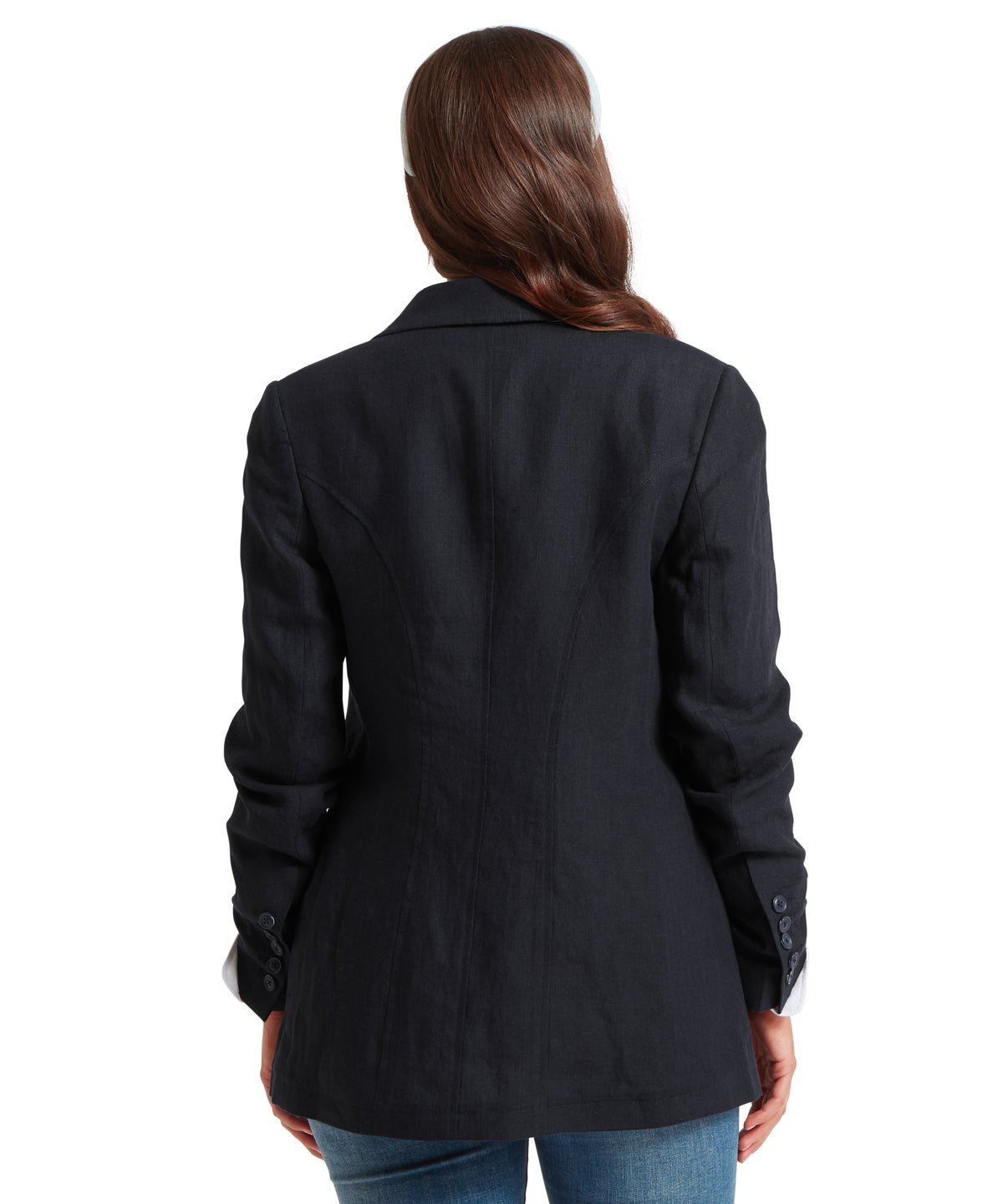 Navy henley linen blazer for black women with tailored fit and classic design ideal