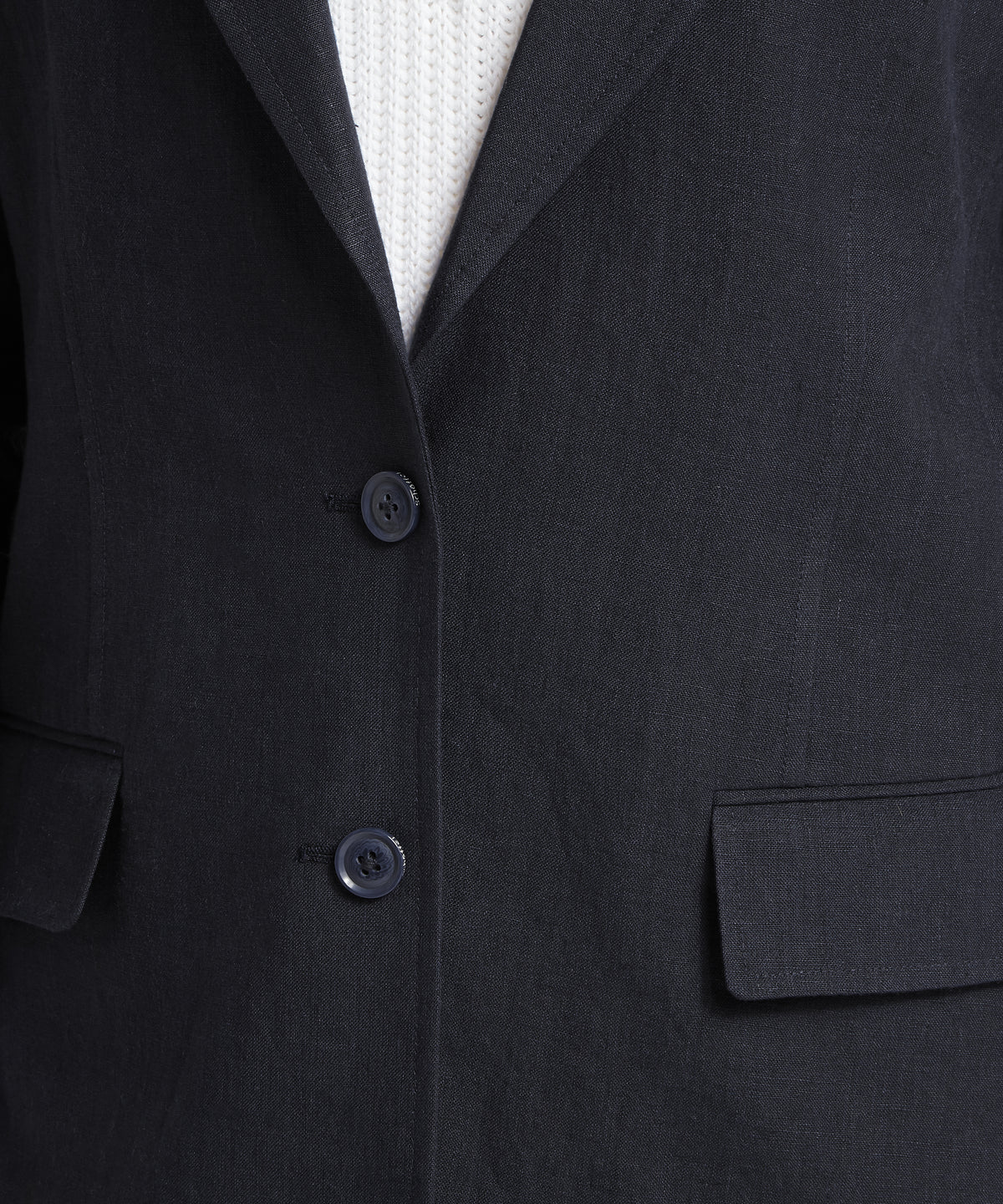 Henley linen blazer navy with black textured fabric dark buttons and structured flap pockets