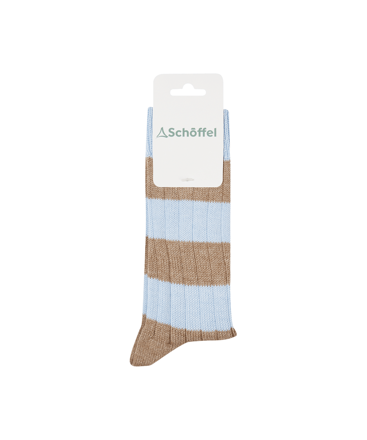 A pair of women’s hilton rugby socks in stone featuring light blue and beige horizontal stripes