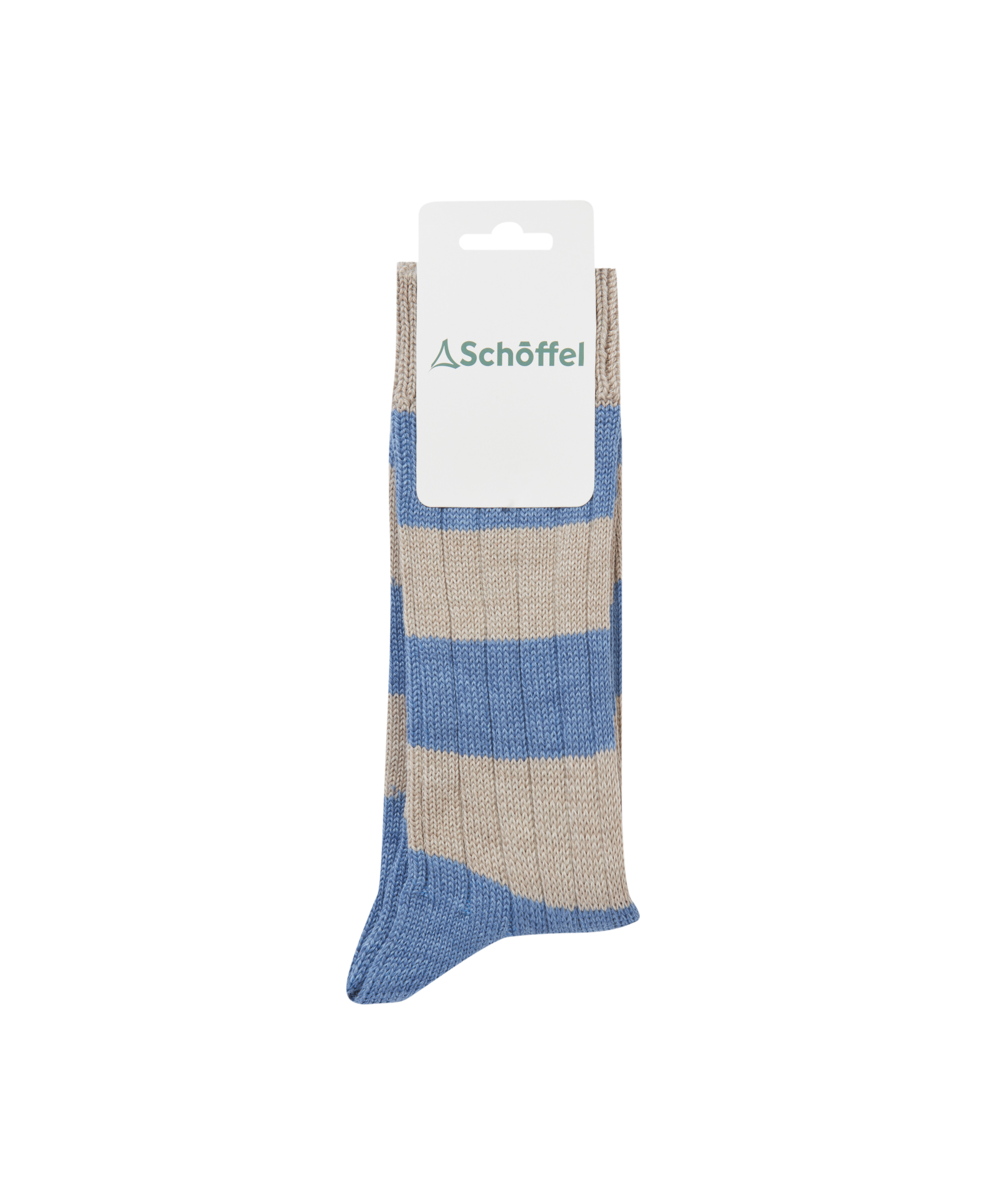 Pair of striped socks with a Schöffel label on a white background