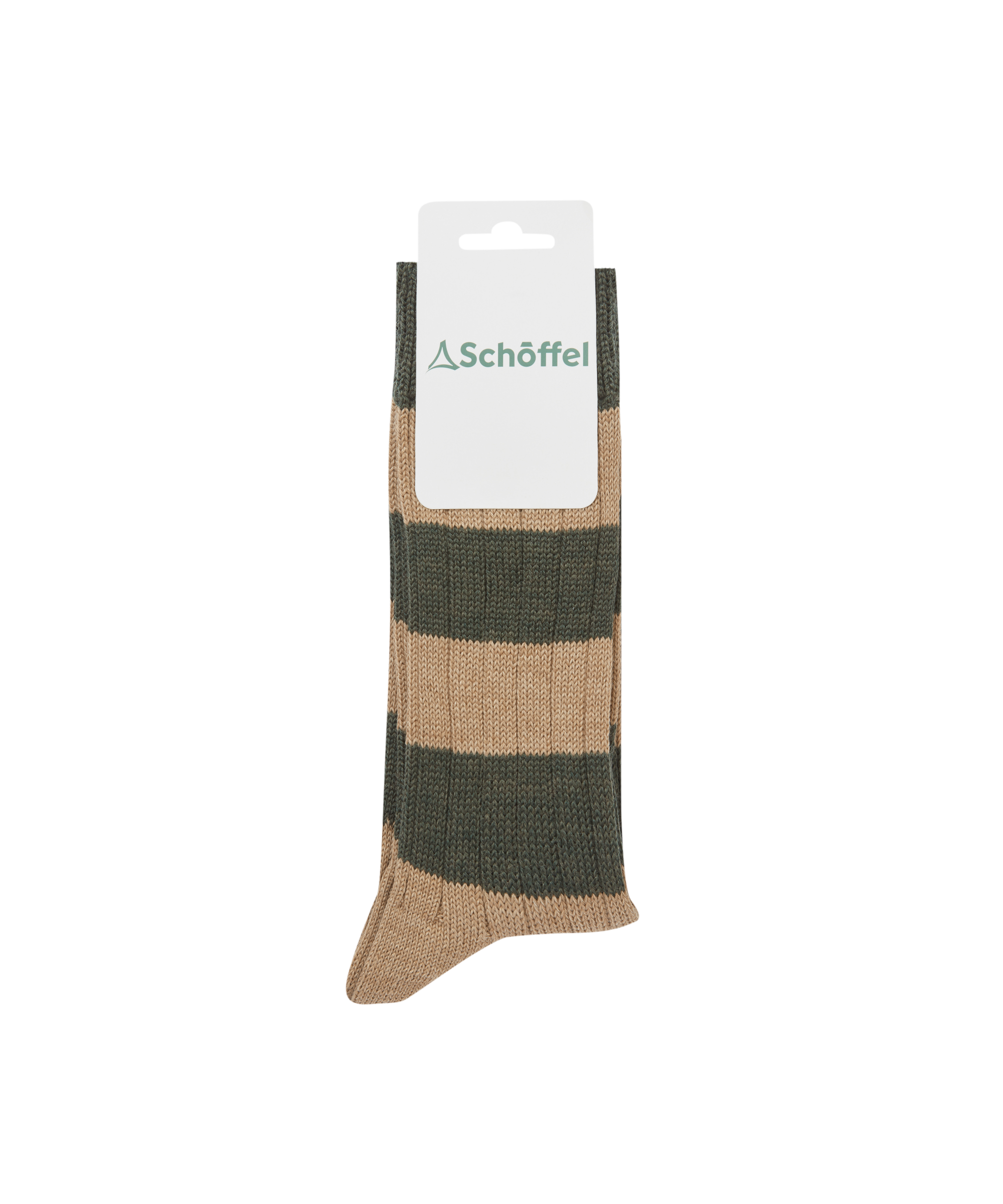 Green and beige striped sock with Schöffel label on a white background