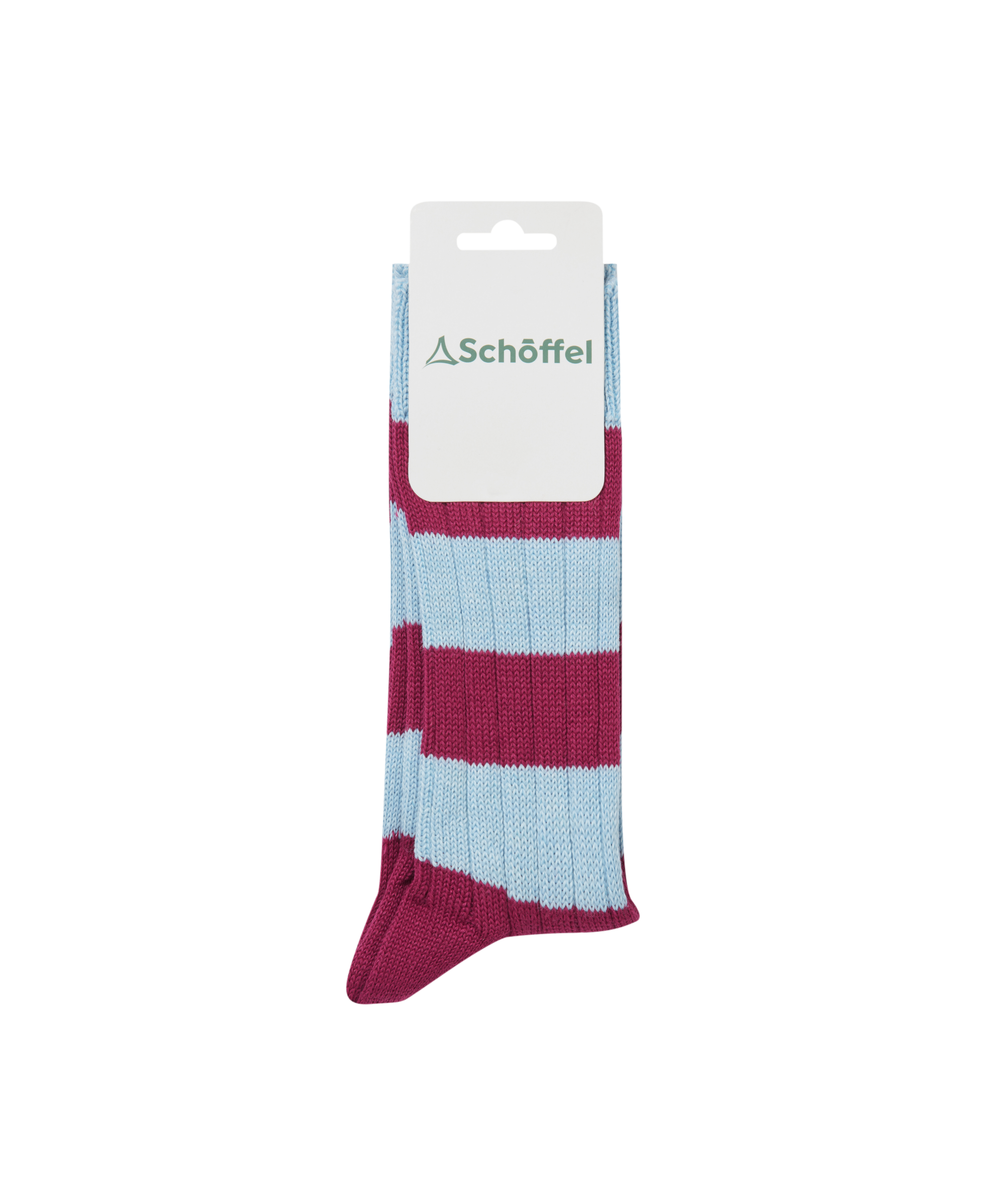 Packaged sock with maroon and light blue stripes on a white background