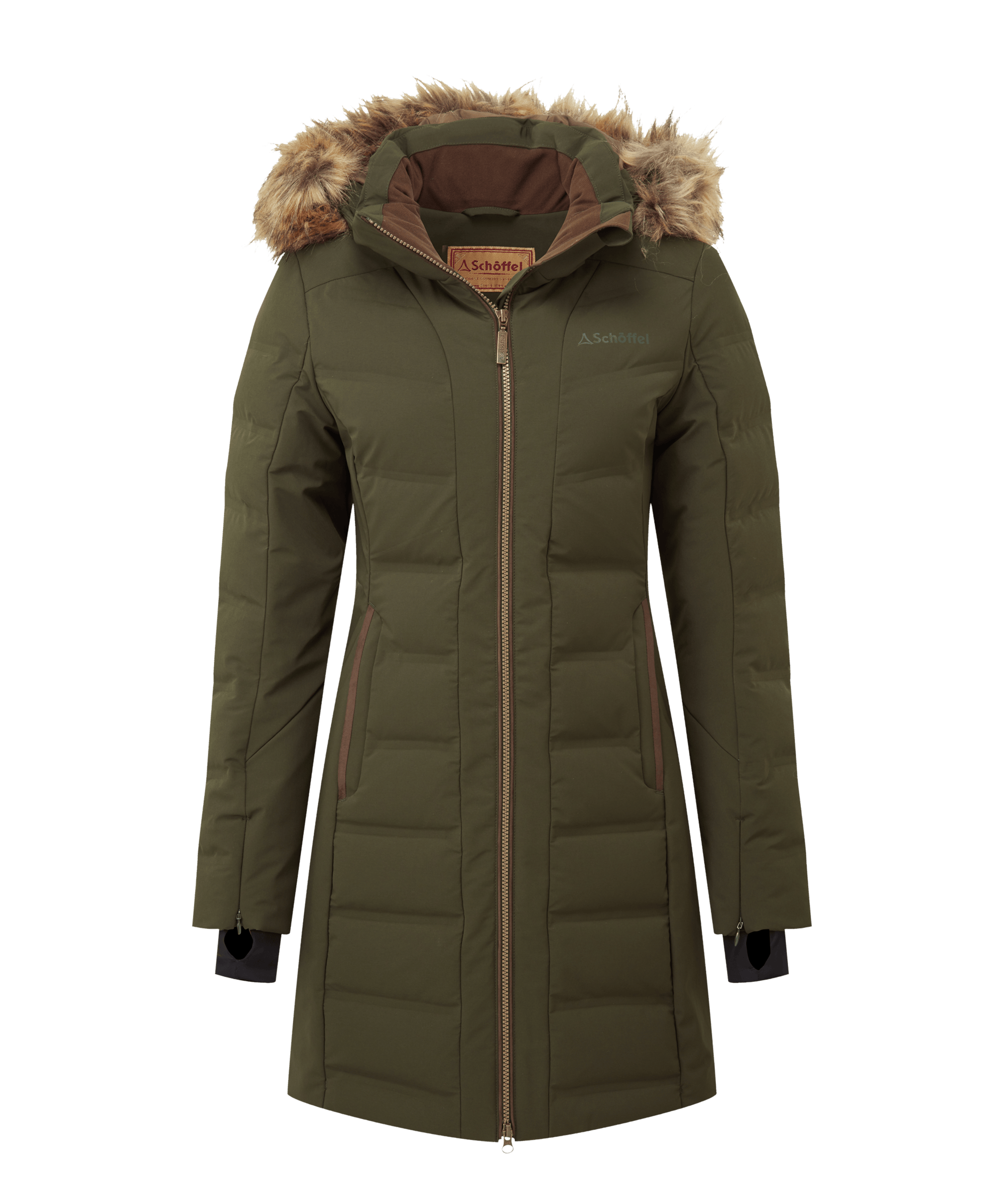 Green winter down coat with fur-lined hood on a white background