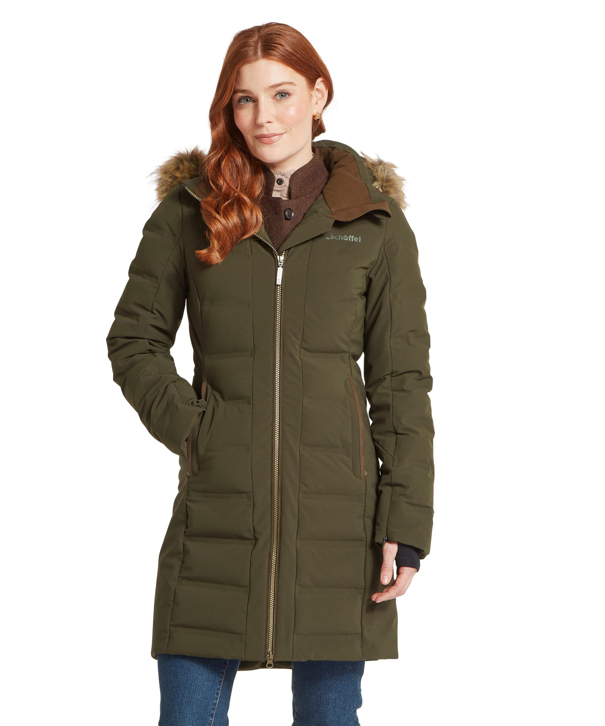 Olive green hurlingham waterproof down coat with fur-lined hood and gold zipper details for cold