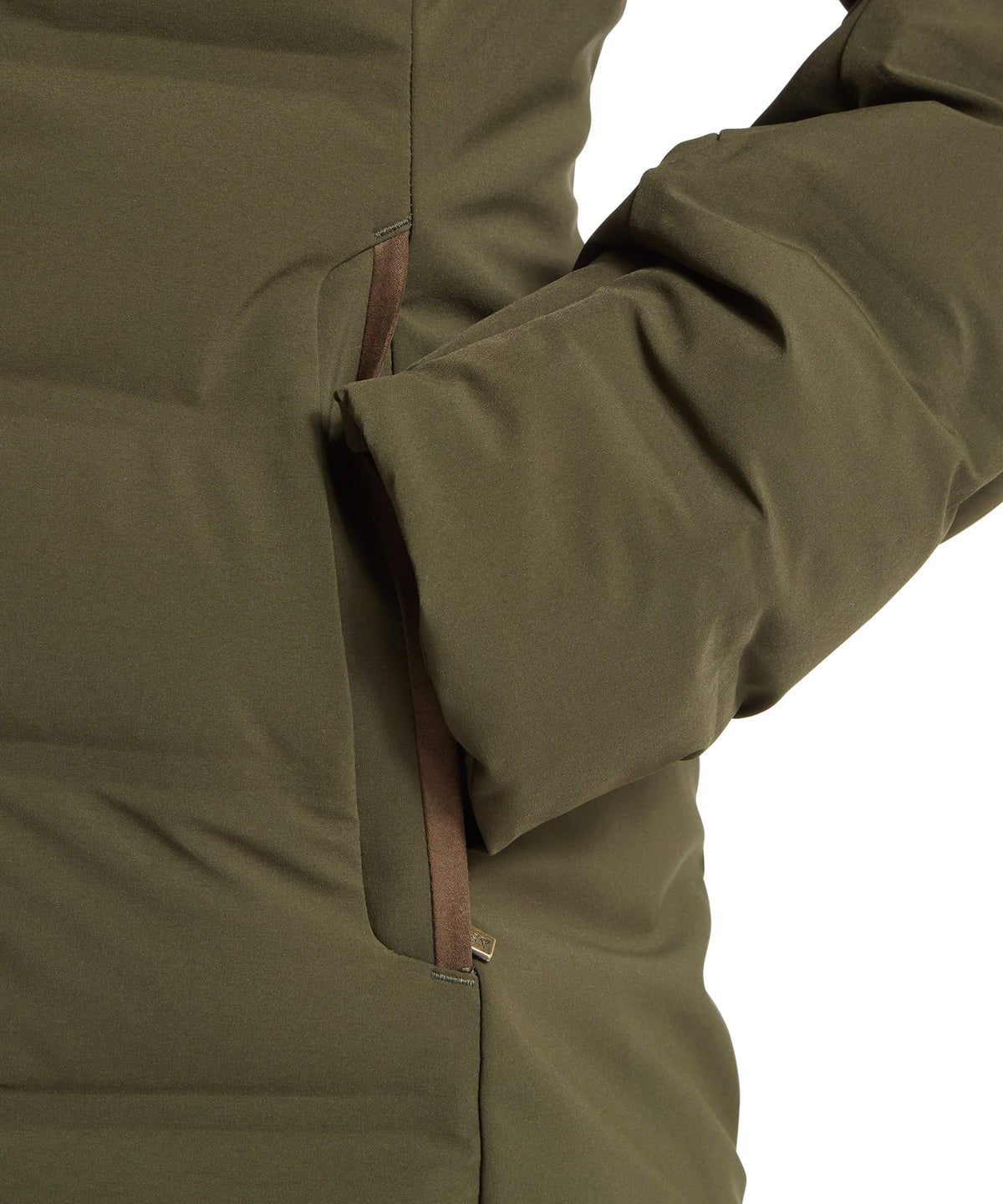 Olive green hurlingham waterproof down coat with quilted stitching and brown zipper pulls for cold