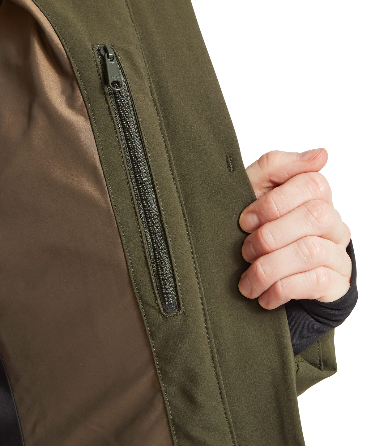 Schöffel Hurlingham Waterproof Down Coat for women in Green, contrasting brown inner lining