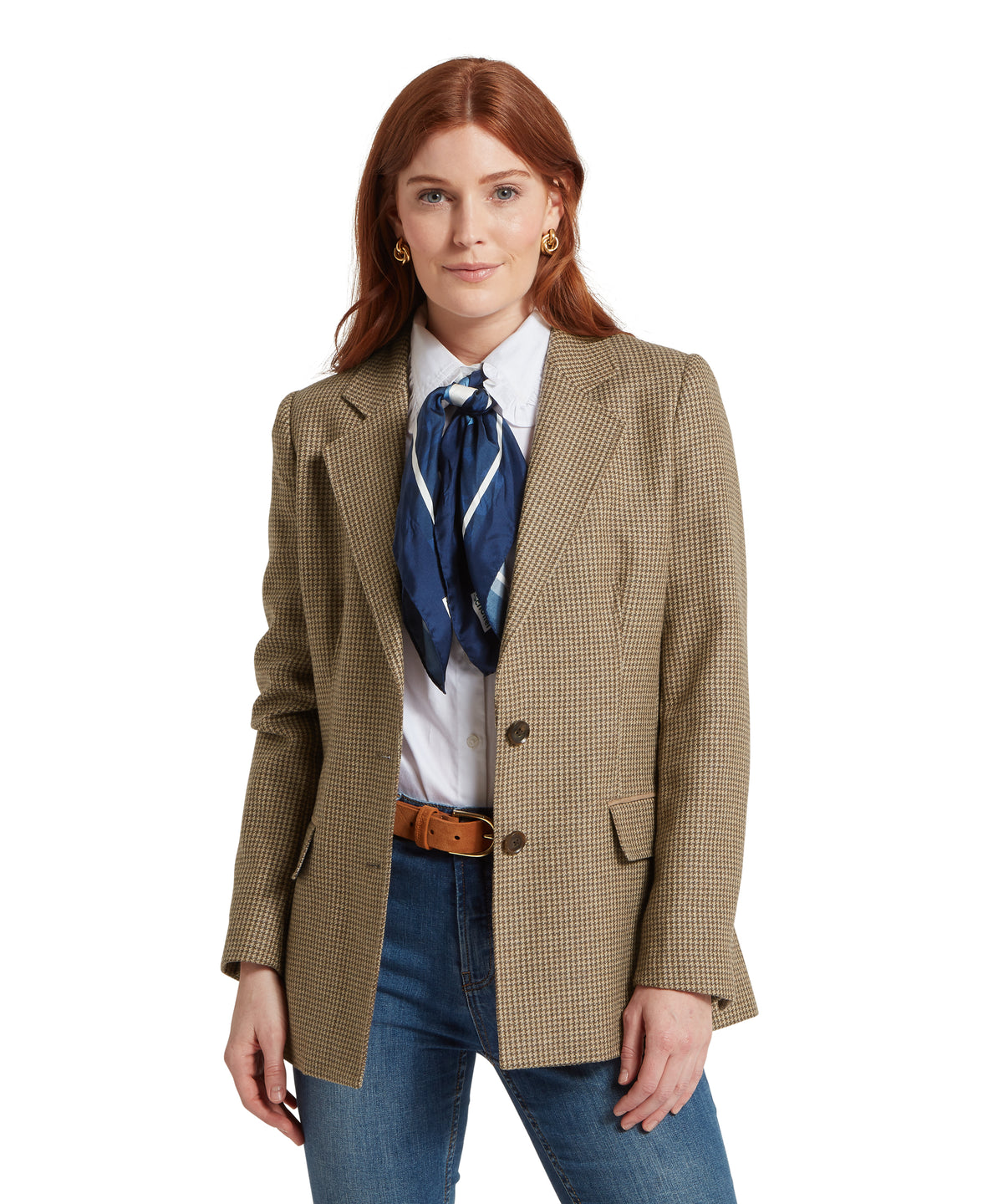 Schöffel's Isla Tweed Blazer in Brown, on model, two front pockets in tweed fabric