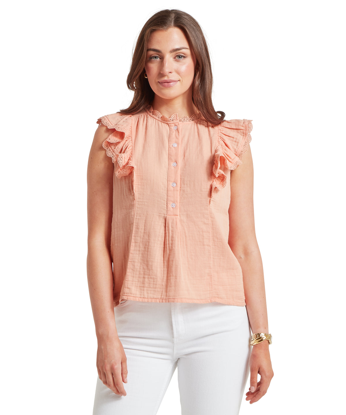 Schöffel's Jasmine Blouse in Orange, on model, neckline