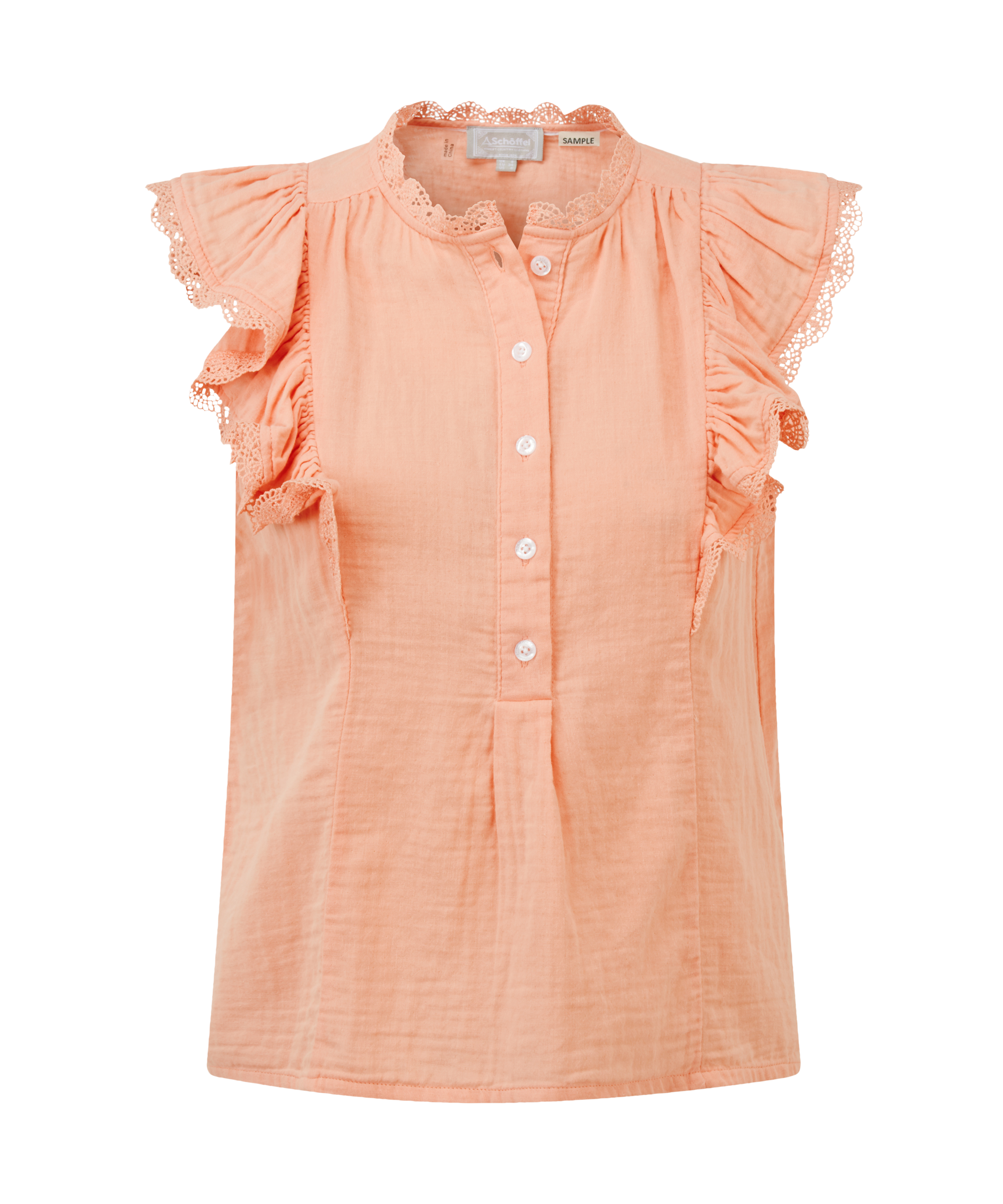 Peach-colored blouse with ruffled sleeves on a white background