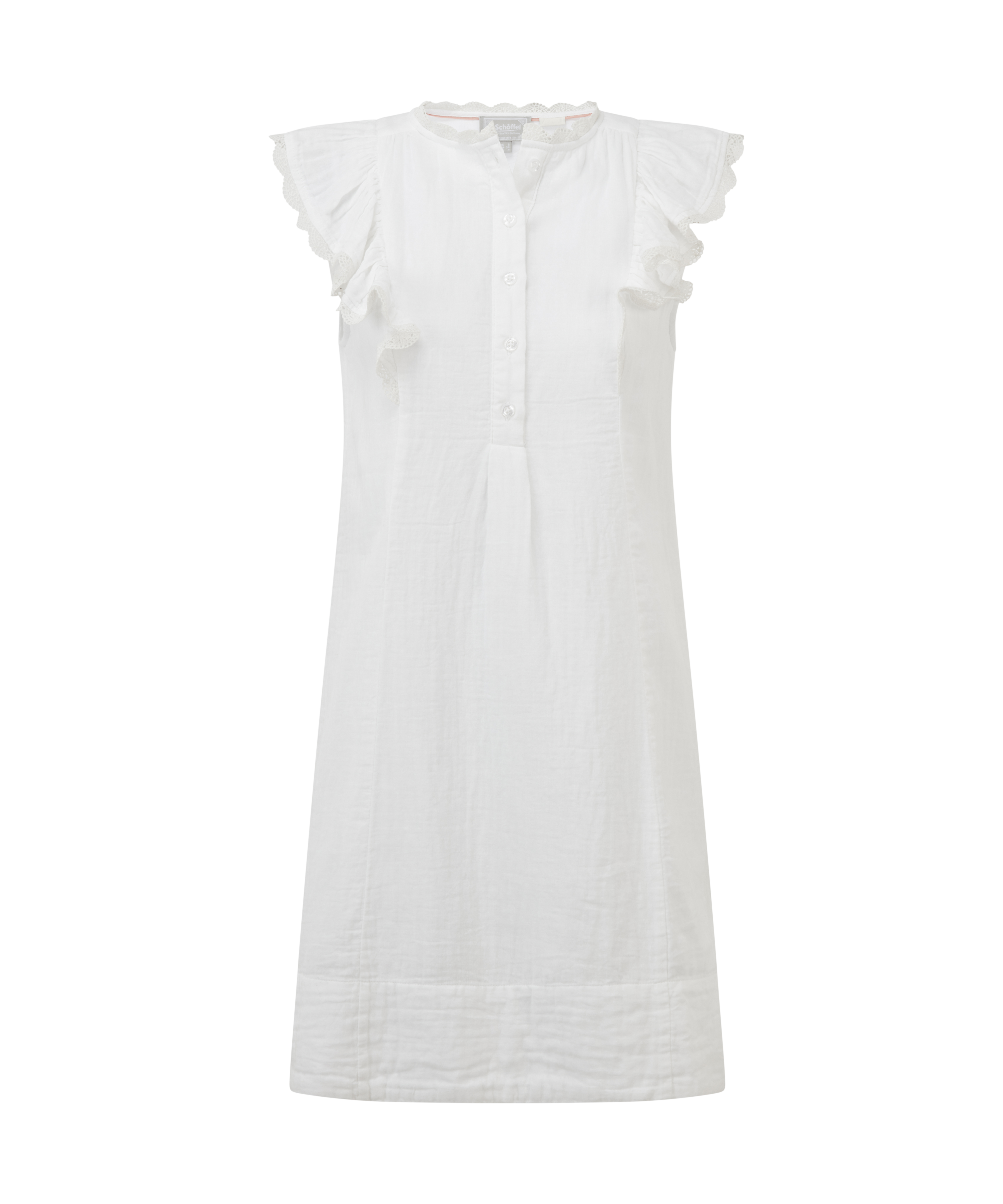 White linen jasmine dress in soft white with short flutter sleeves and a button-front design