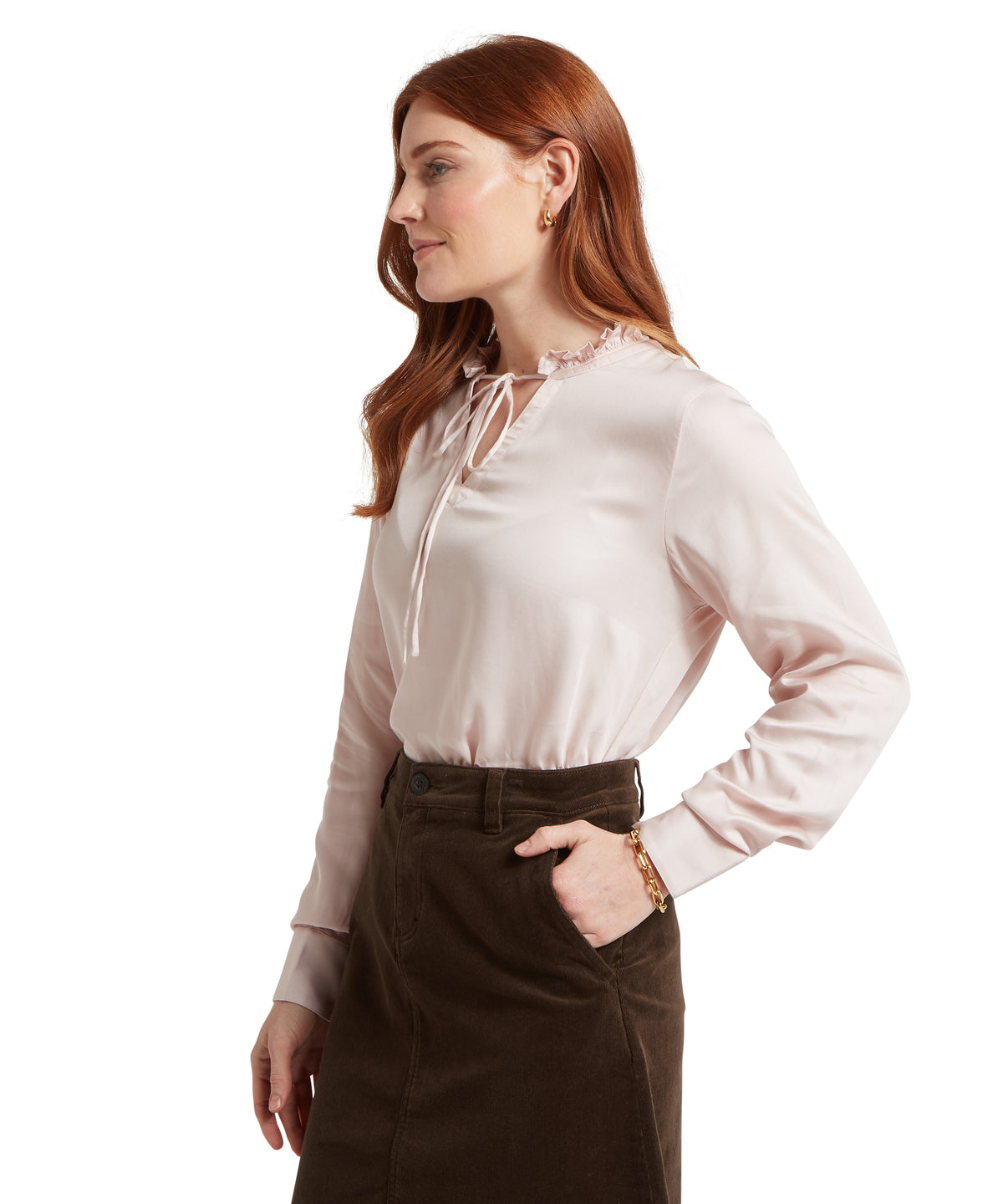 Kersey blouse in hushed violet soft blush satin with lace-trimmed tie-neck and long sleeves