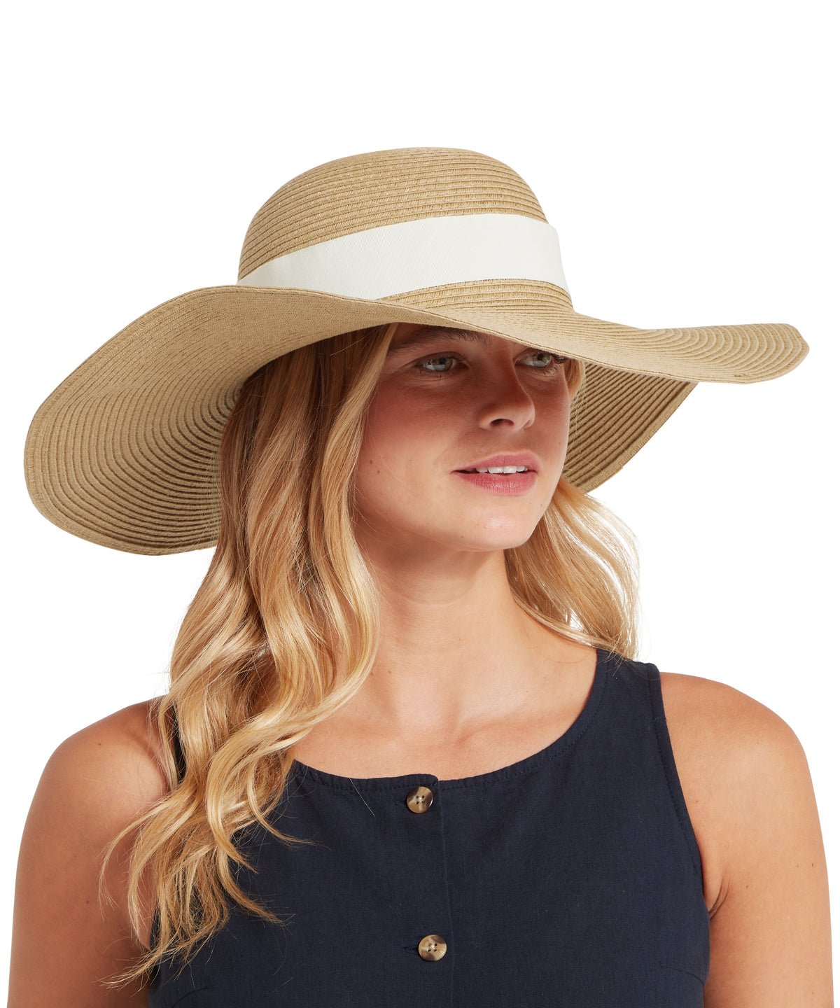 Beige straw kynance cove sun hat with wide brim and white ribbon band for stylish sun protection