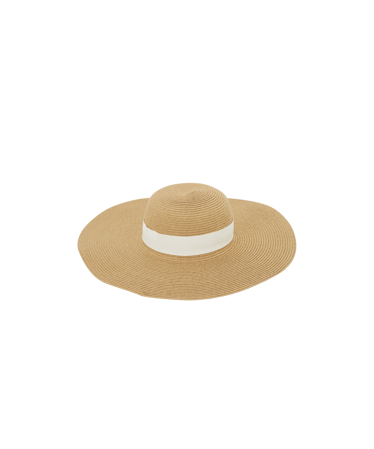 Beige straw kynance cove hat with a wide brim and white ribbon band perfect for sun protection