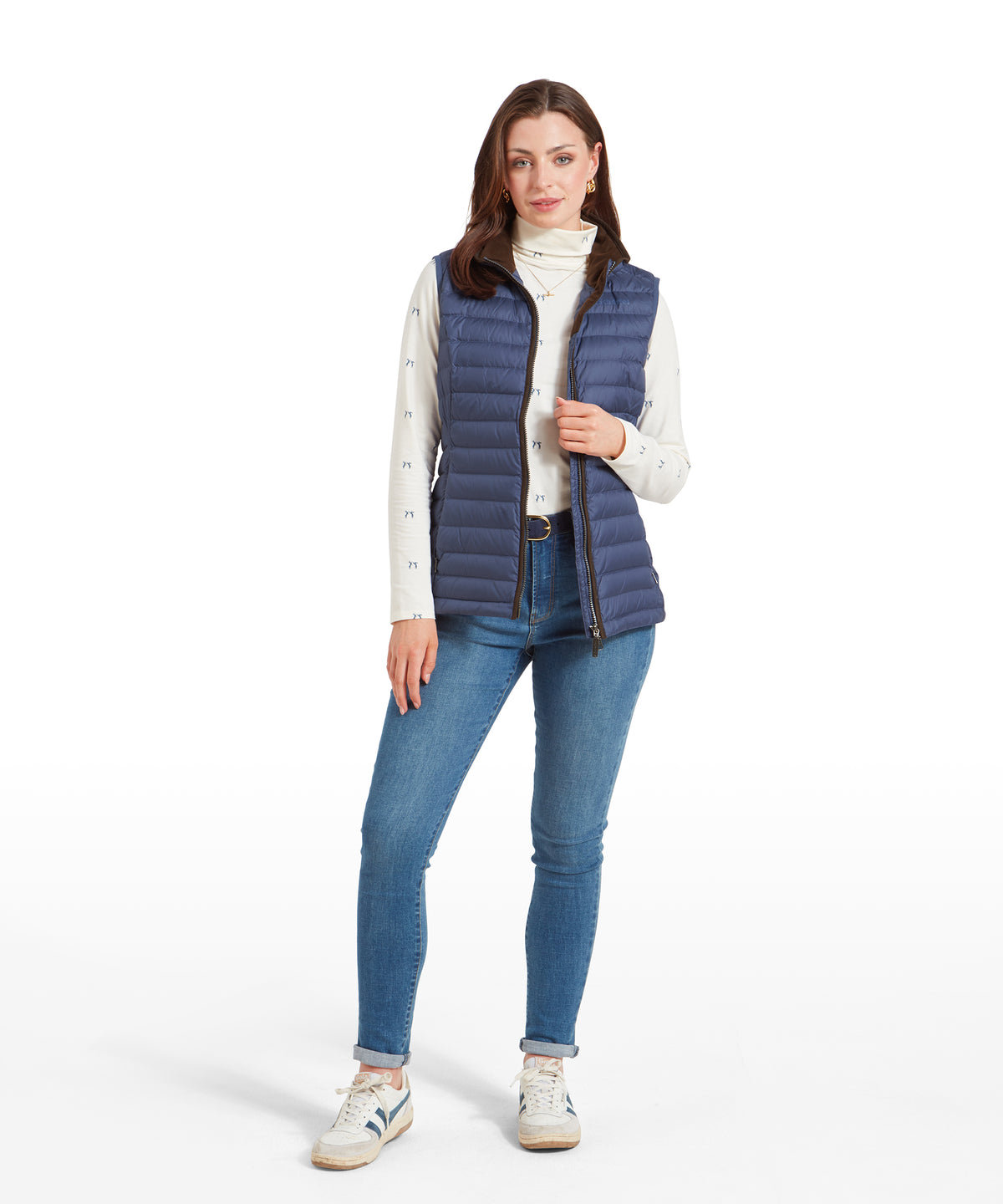 Navy blue quilted puffer vest with black zipper and front pockets in launde down gilet stone blue