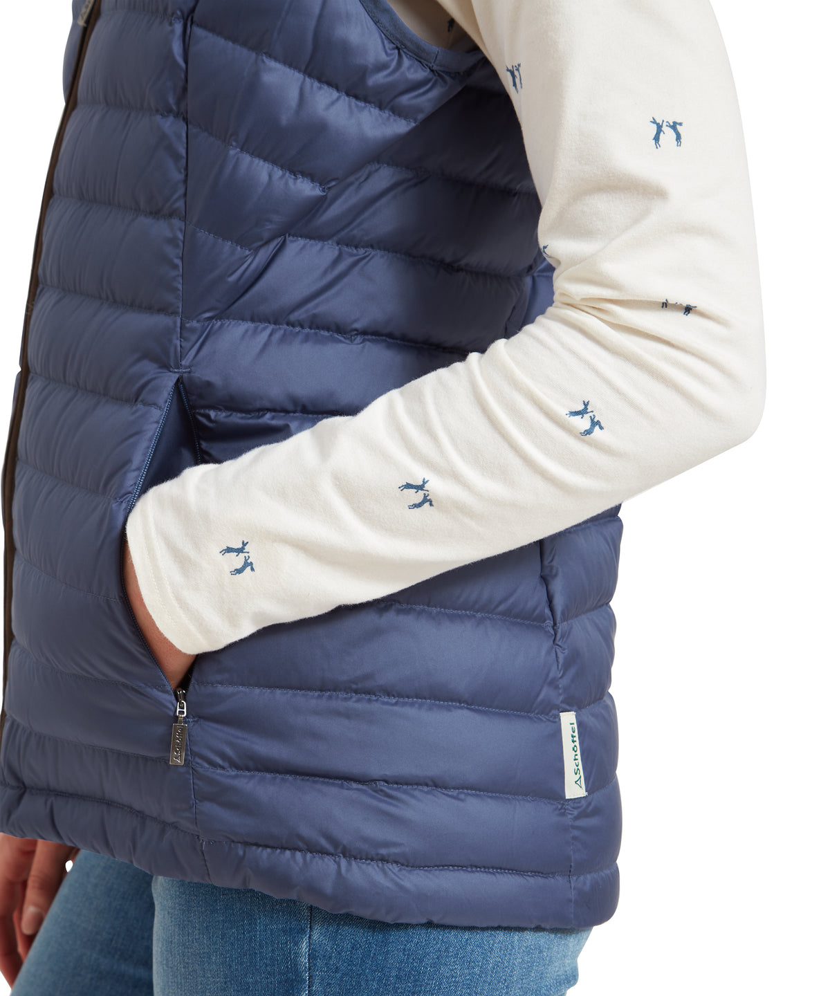 Navy blue quilted Launde Down Gilet with subtle embroidered deer motifs in a lightweight puffer
