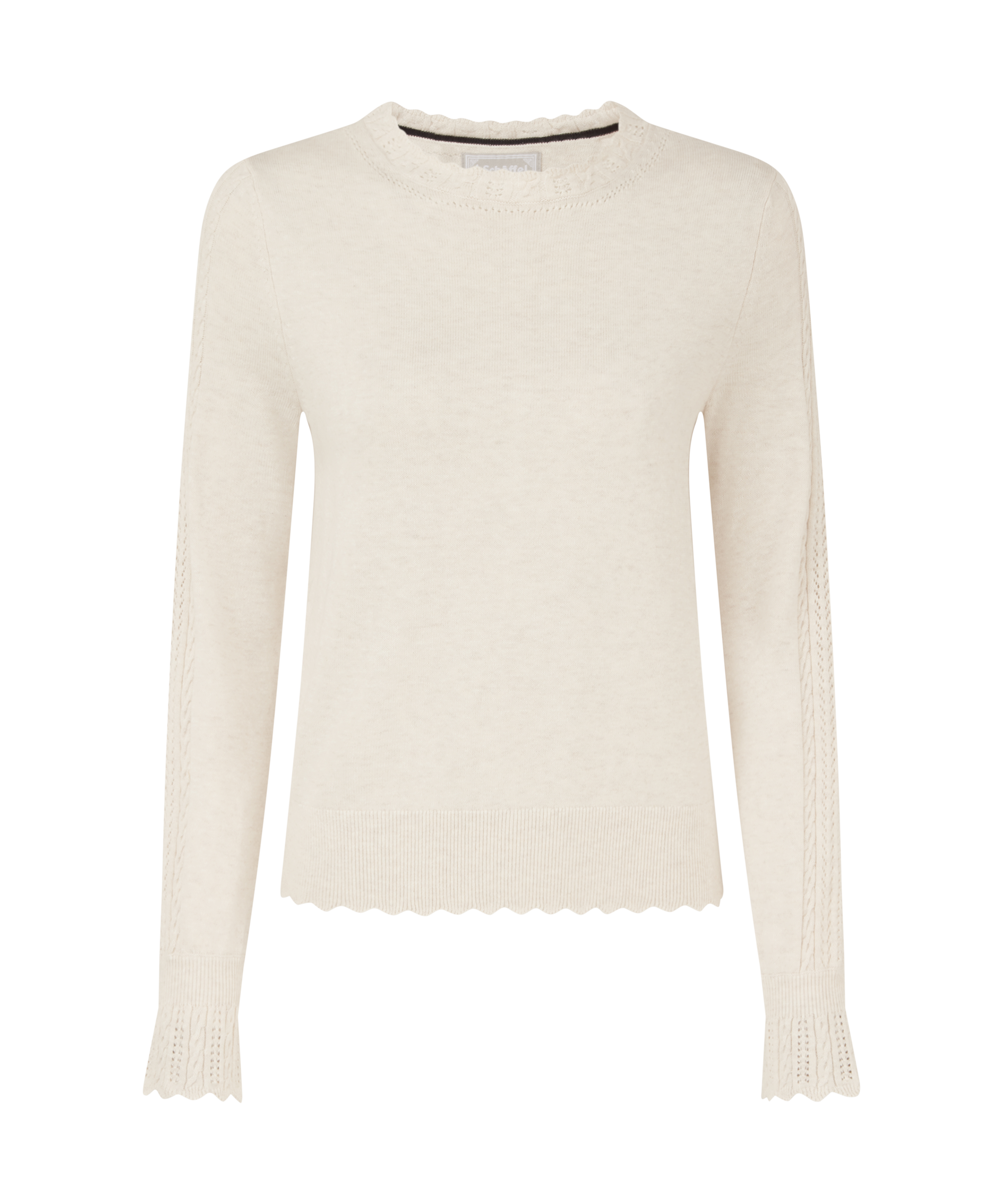 Cream-colored long-sleeve knitted jumper with a round neckline, ribbed cuffs and hem, and subtle scalloped edge detail at the bottom and sleeve ends. Displayed on a transparent background.