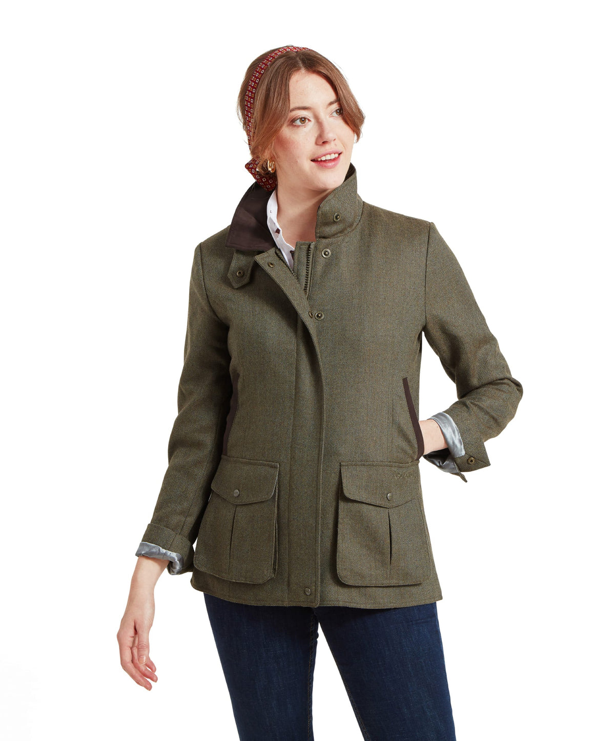 Lilymere tweed jacket in loden green herringbone with olive green fabric dark brown collar