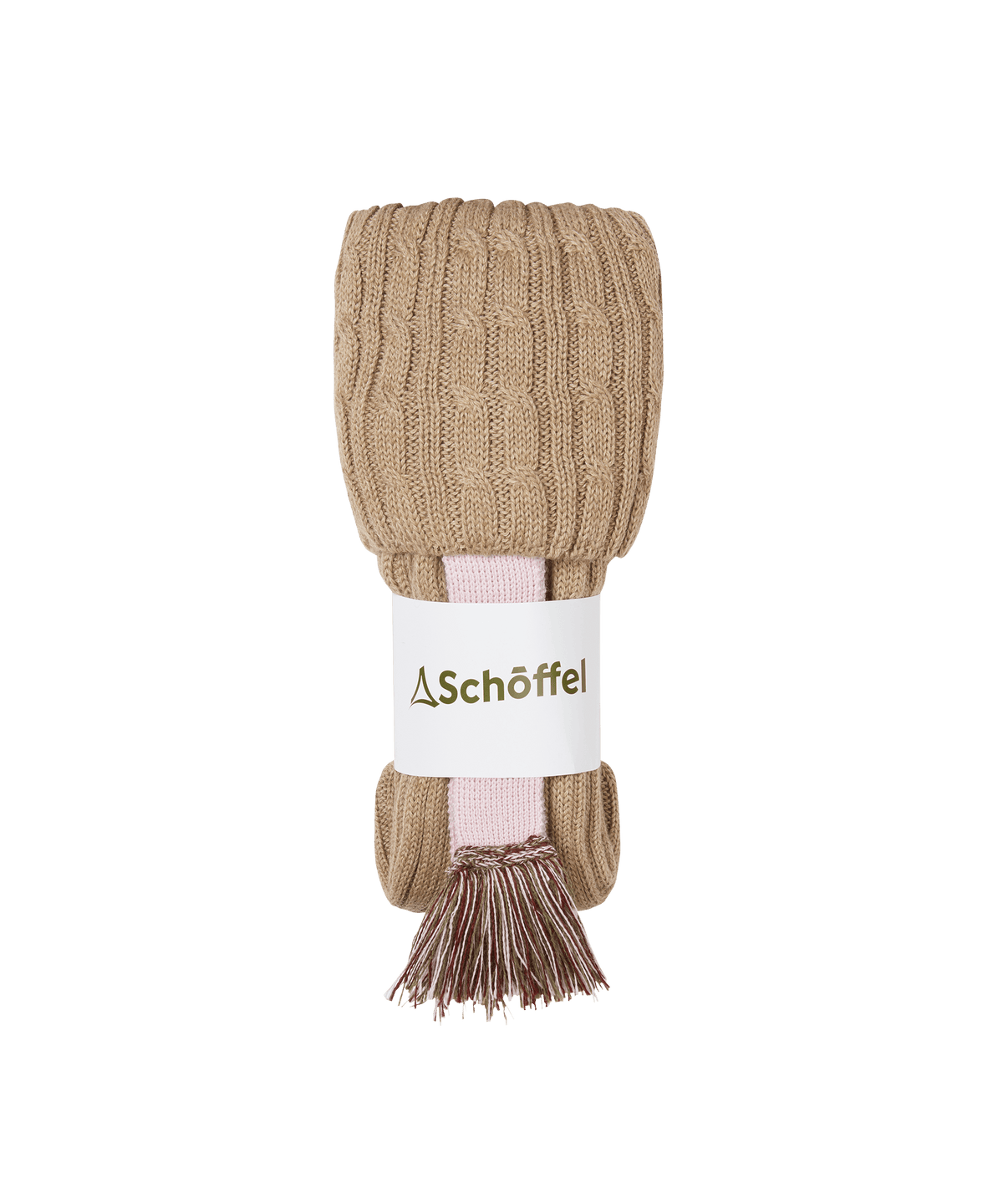Tan cable knit scarf with pale pink lining and tassel branded schöffel shown with lilymere socks