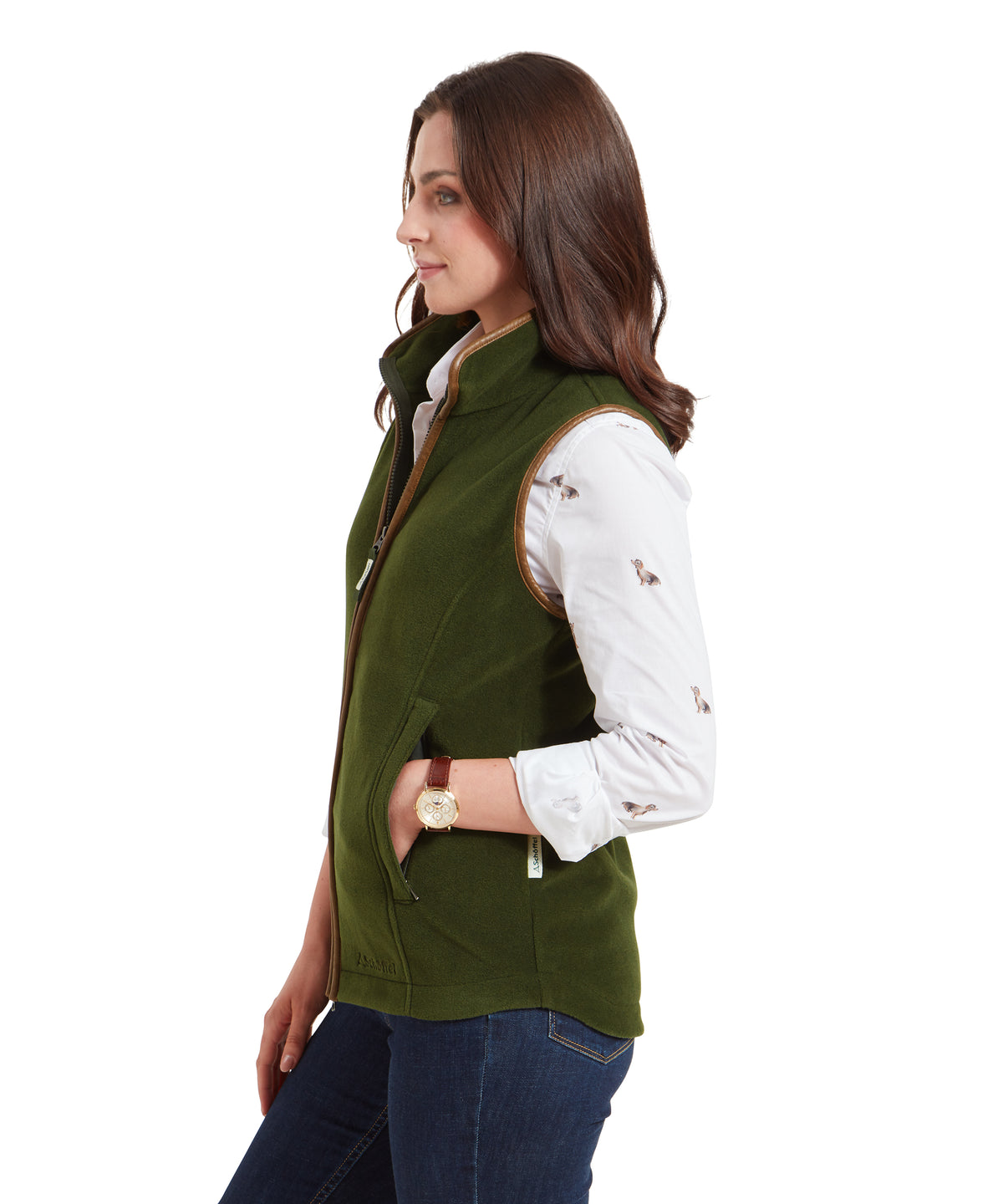 Olive green fleece vest lyndon fleece gilet forest with brown leather trim and zipper details