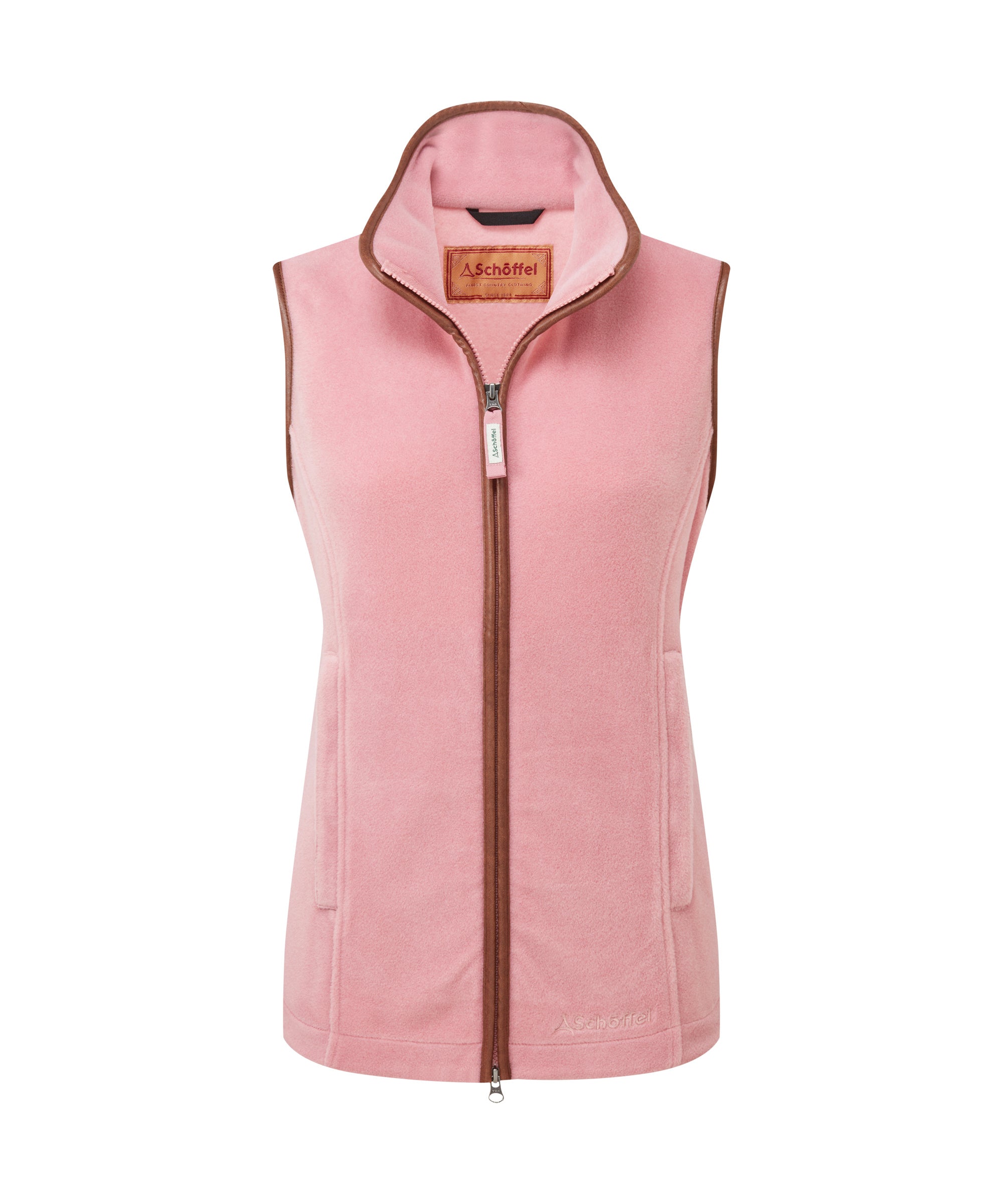 A sleeveless women’s fleece gilet in soft pink, with a high zip-up collar, brown trim along the zip and edges, and two front pockets, shown on a white background.