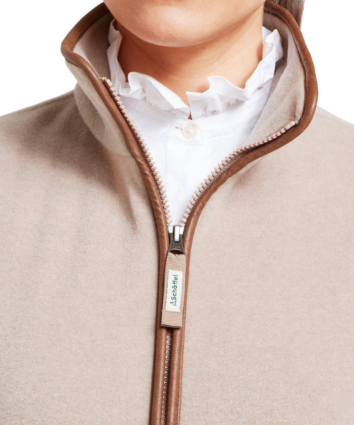 Schöffel Women's Lyndon Fleece Gilet in Mushroom with brown leather trim, worn by model