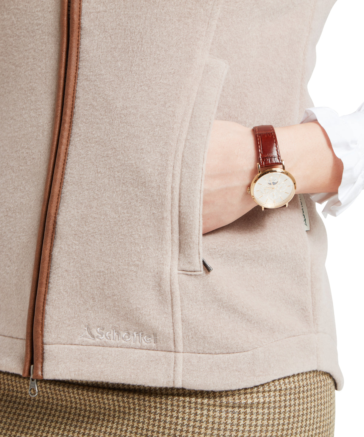 Schöffel Women's Lyndon Fleece Gilet in Mushroom with brown zip and trim, worn by model
